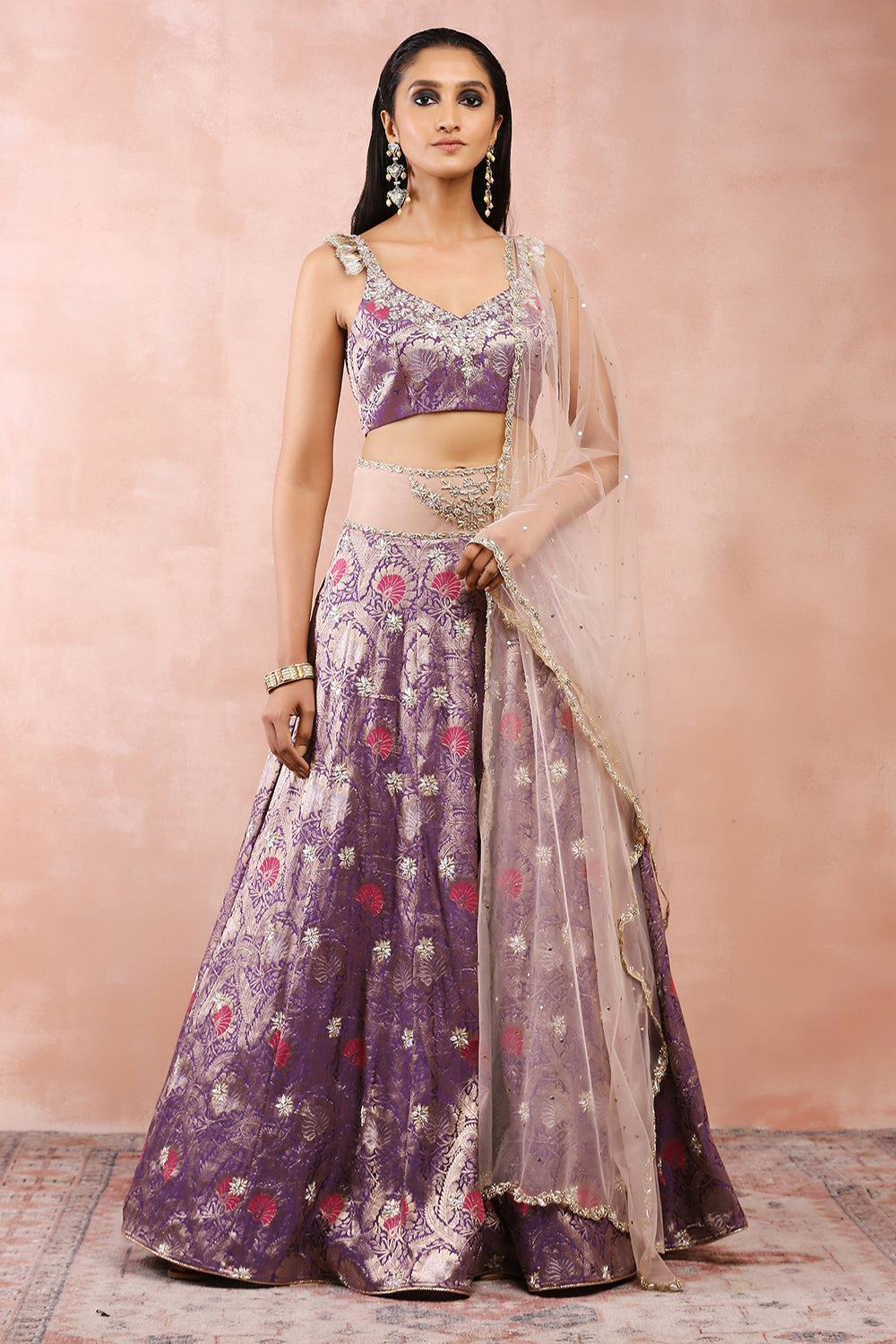 Purple Embroidered Choli And Lehenga With Rose Pink Dupatta