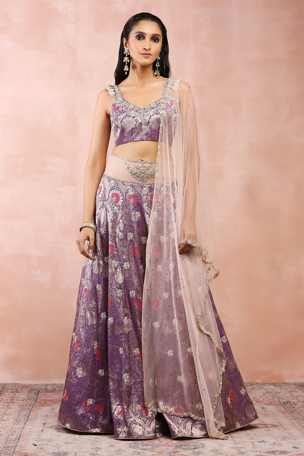 Purple Embroidered Choli And Lehenga With Rose Pink Dupatta