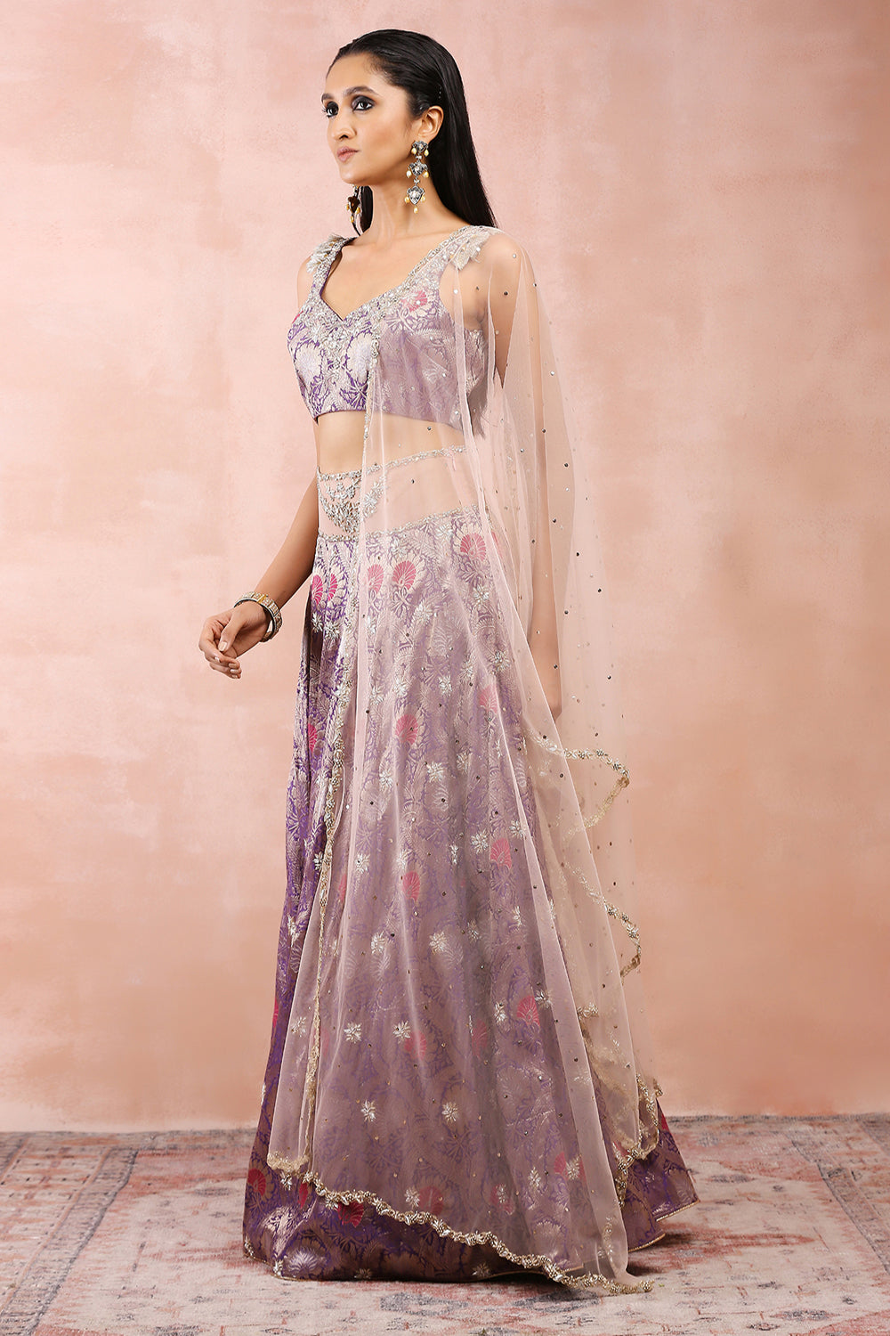 Purple Embroidered Choli And Lehenga With Rose Pink Dupatta