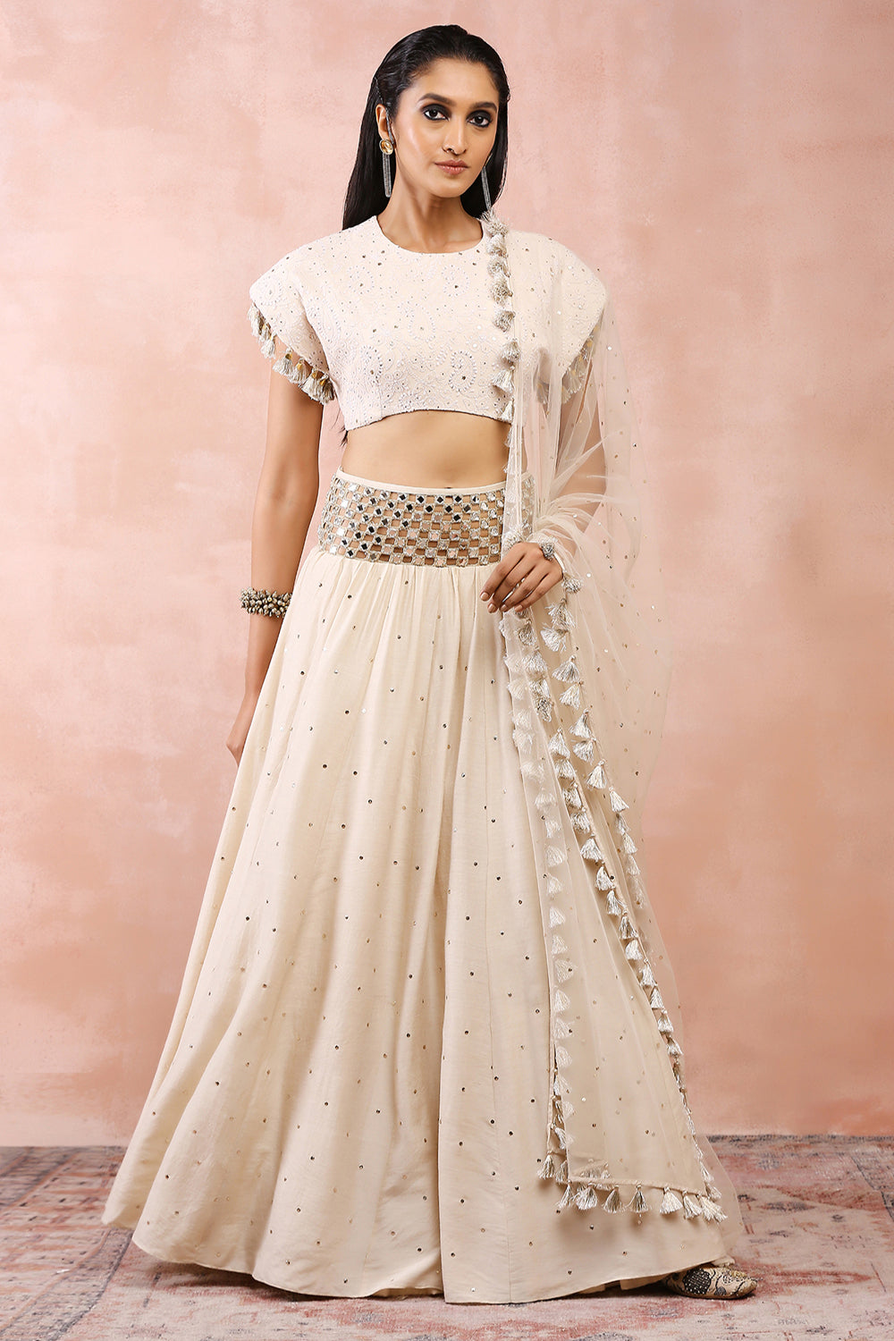 Cream Top With Embroidered Belt Lehenga And Dupatta