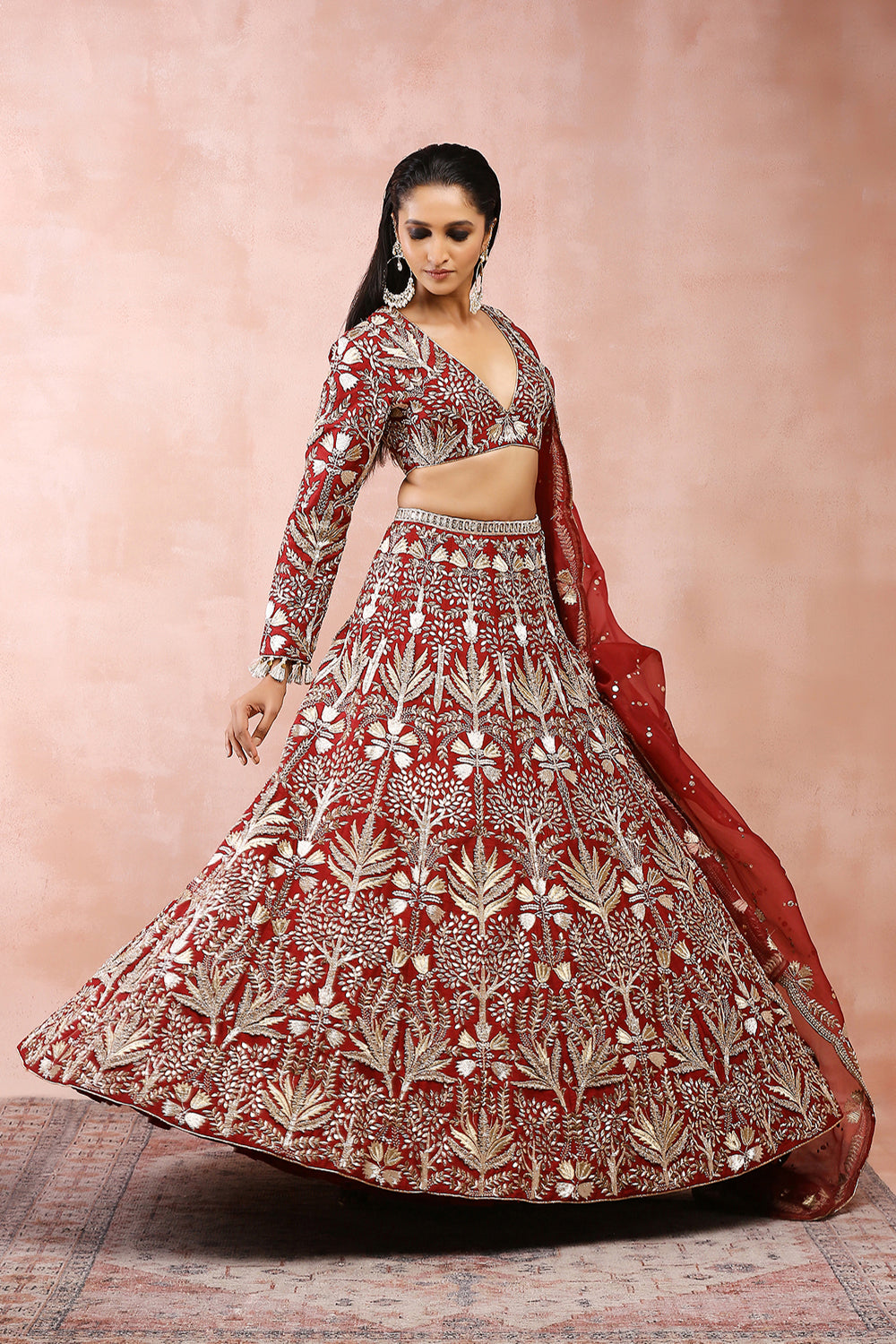 Dark Red Bagh Embroidered Choli With Lehenga And Dupatta