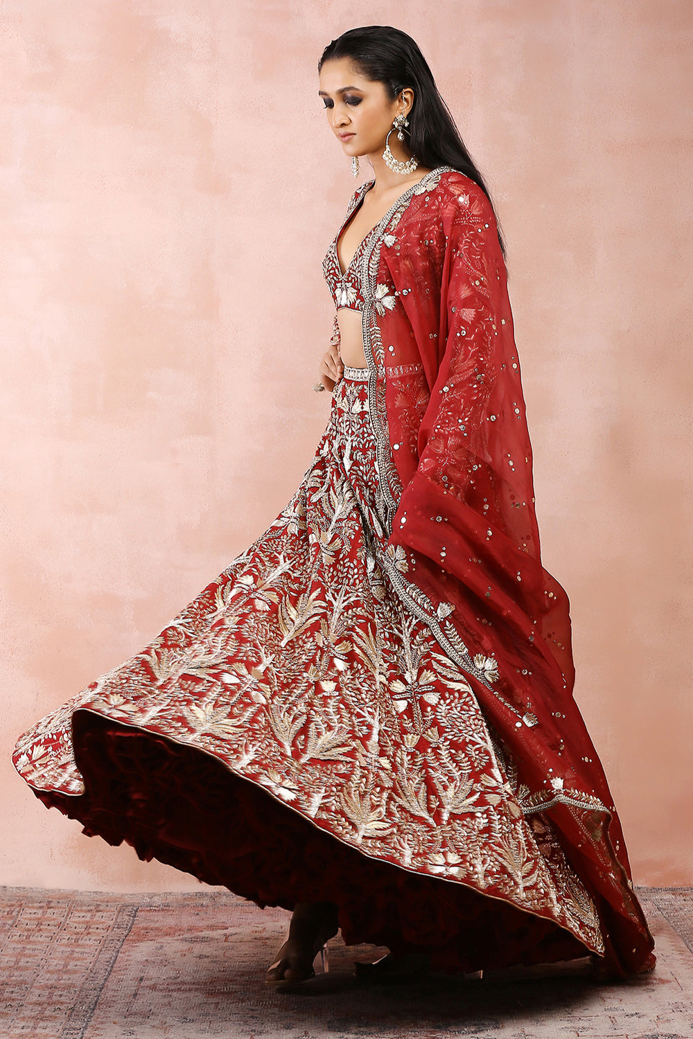 Dark Red Bagh Embroidered Choli With Lehenga And Dupatta