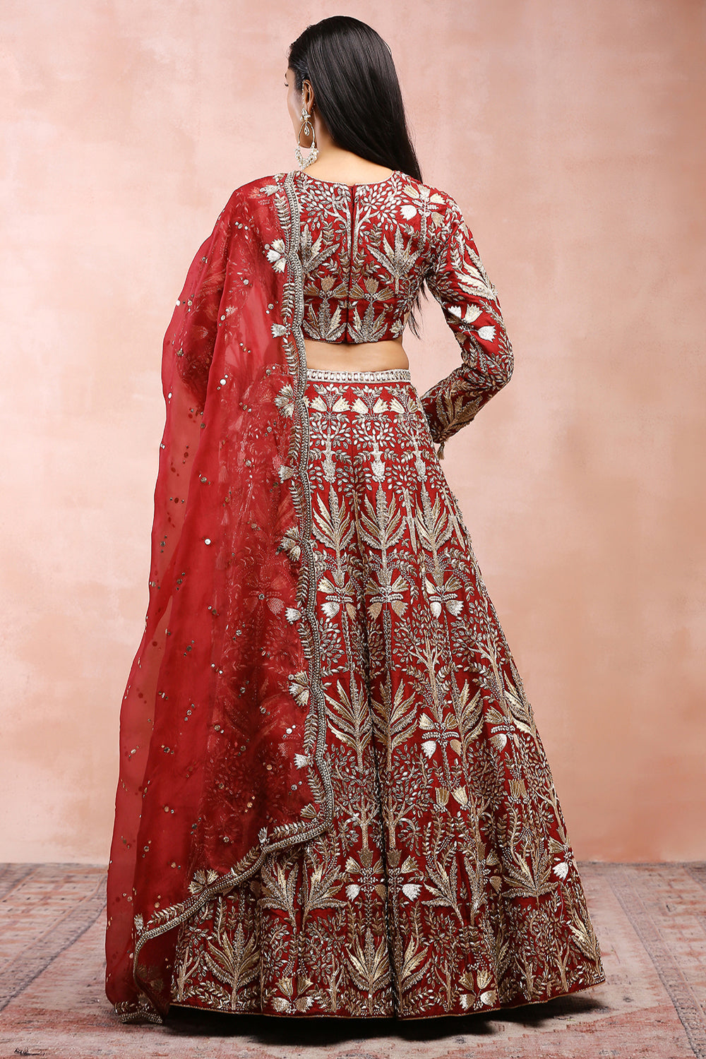 Dark Red Bagh Embroidered Choli With Lehenga And Dupatta