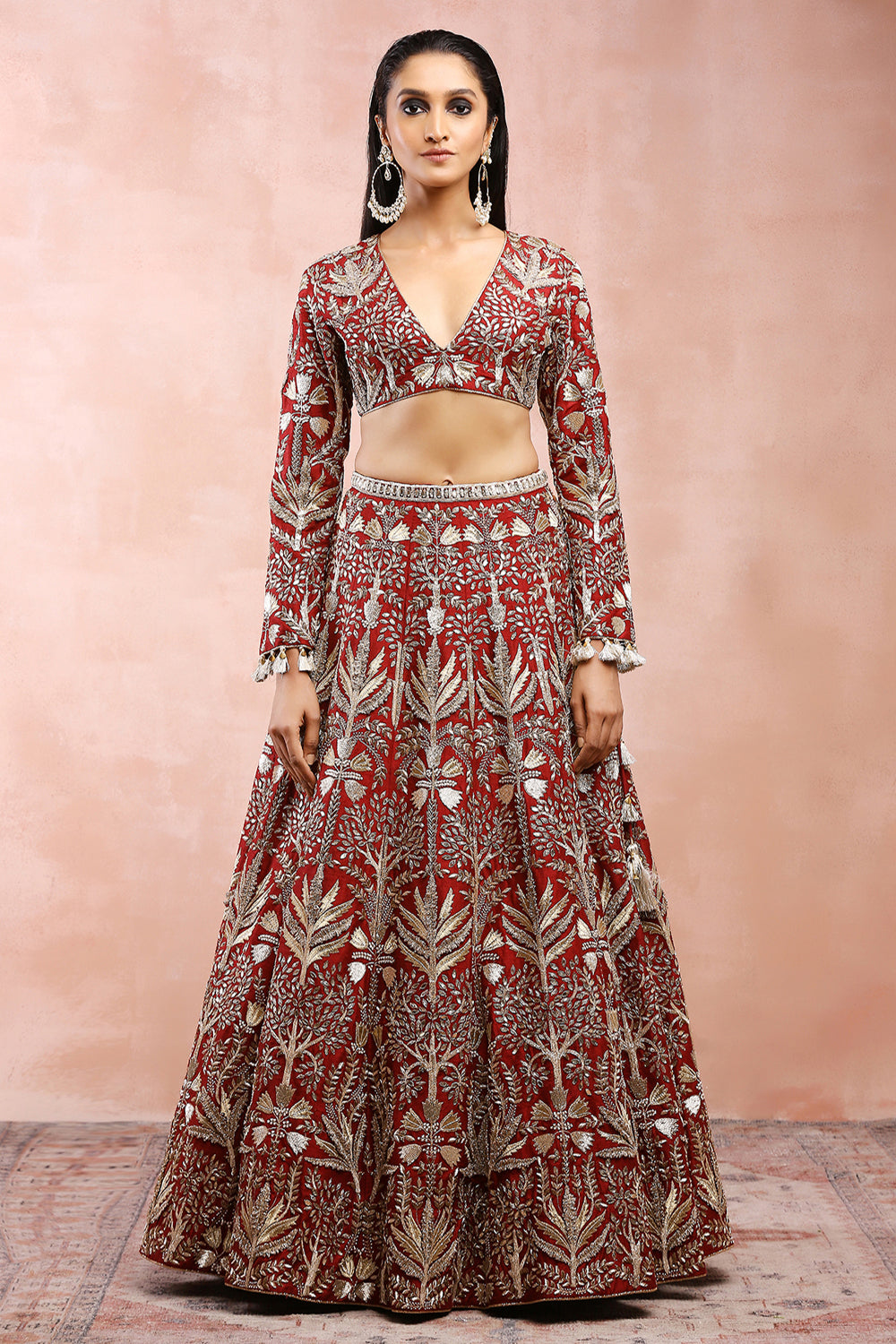 Dark Red Bagh Embroidered Choli With Lehenga And Dupatta