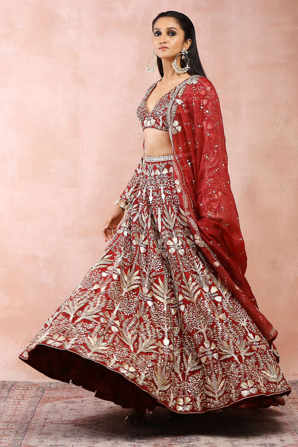 Dark Red Bagh Embroidered Choli With Lehenga And Dupatta