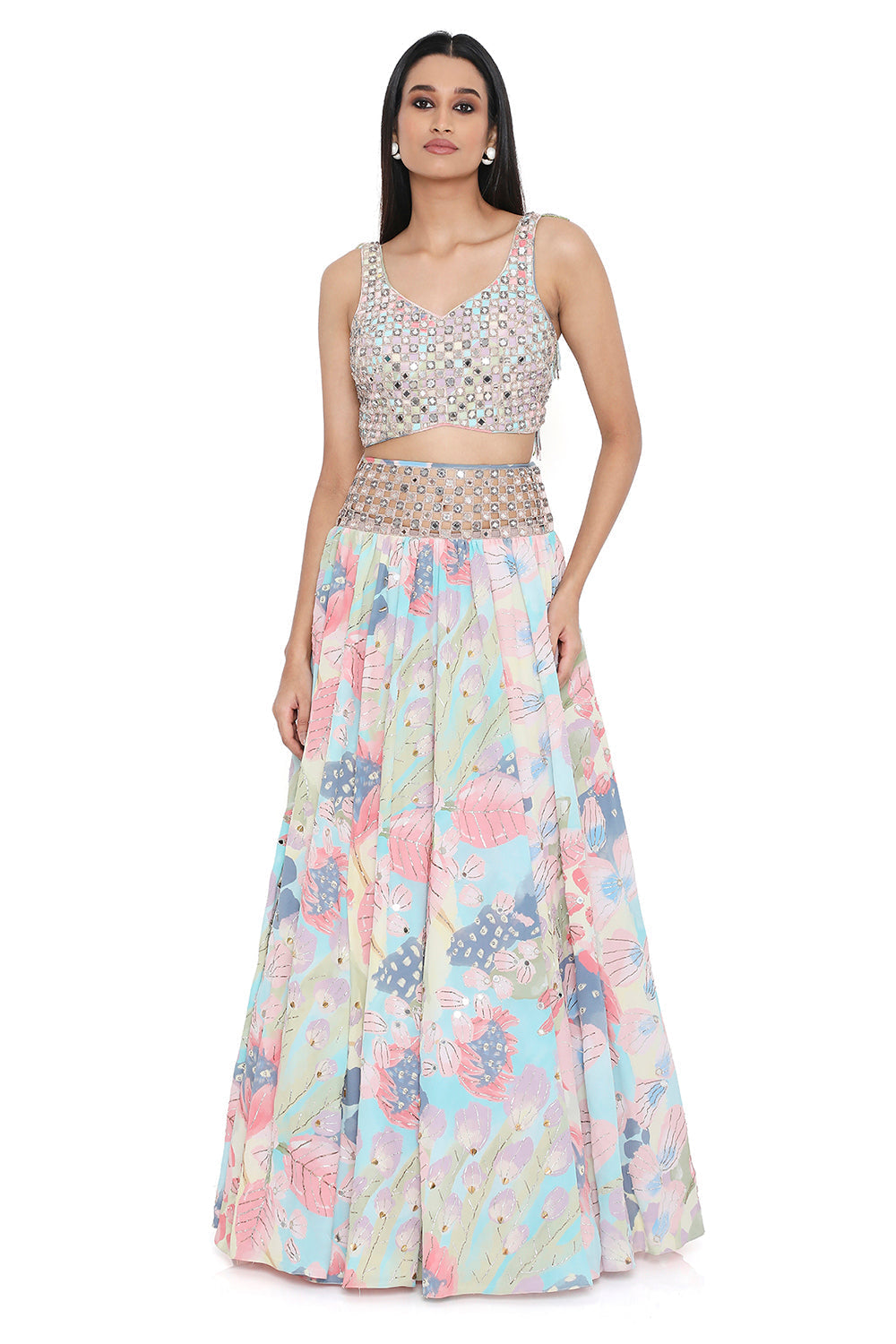 Euphoria Print Embroidered Tie Up Back Choli And Lehenga