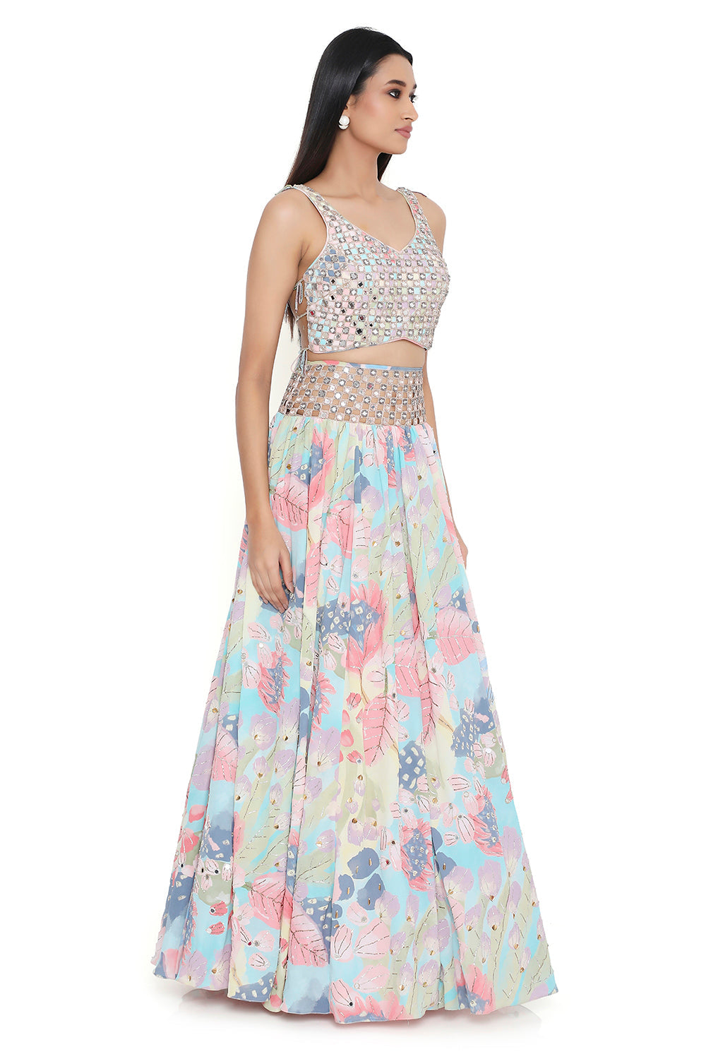 Euphoria Print Embroidered Tie Up Back Choli And Lehenga