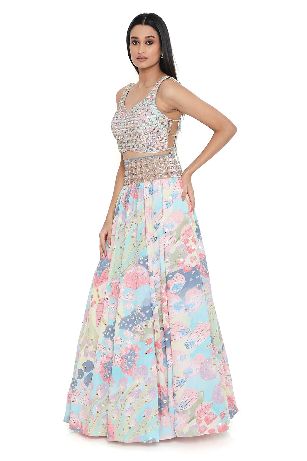 Euphoria Print Embroidered Tie Up Back Choli And Lehenga