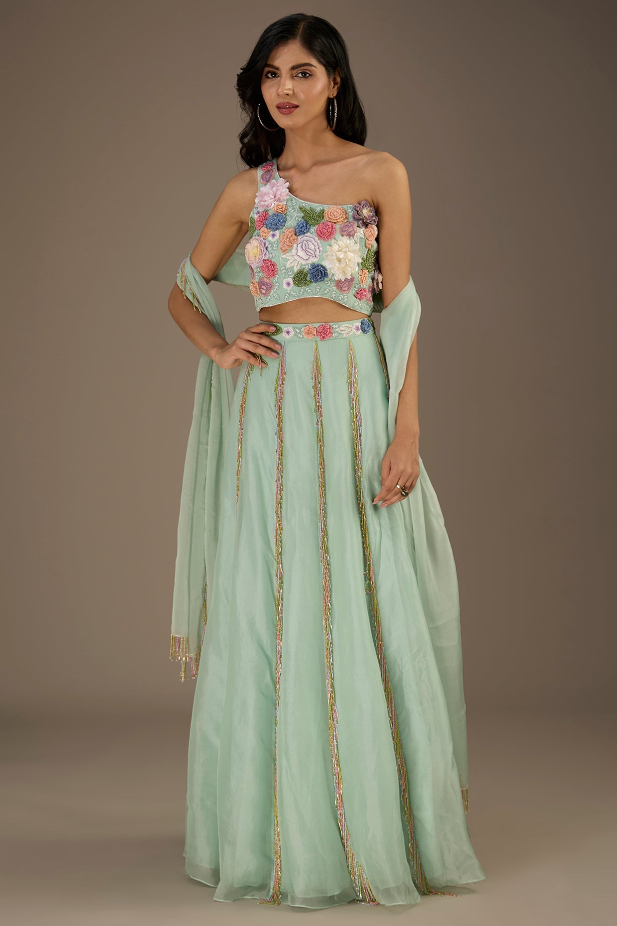 Seafoam Embroidred One Shoulder Choli With Embroidred Belt Lehenga With Dupatta