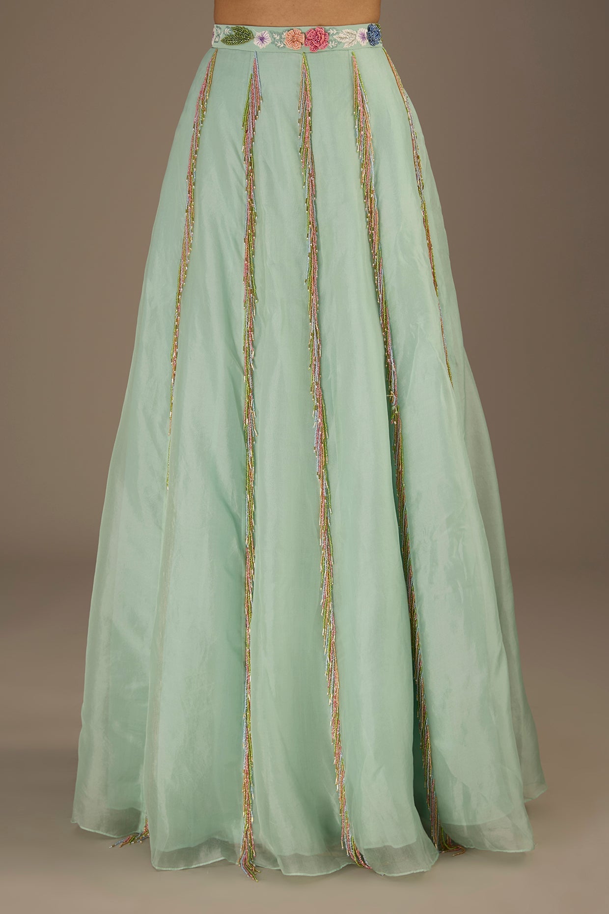 Seafoam Embroidred One Shoulder Choli With Embroidred Belt Lehenga With Dupatta