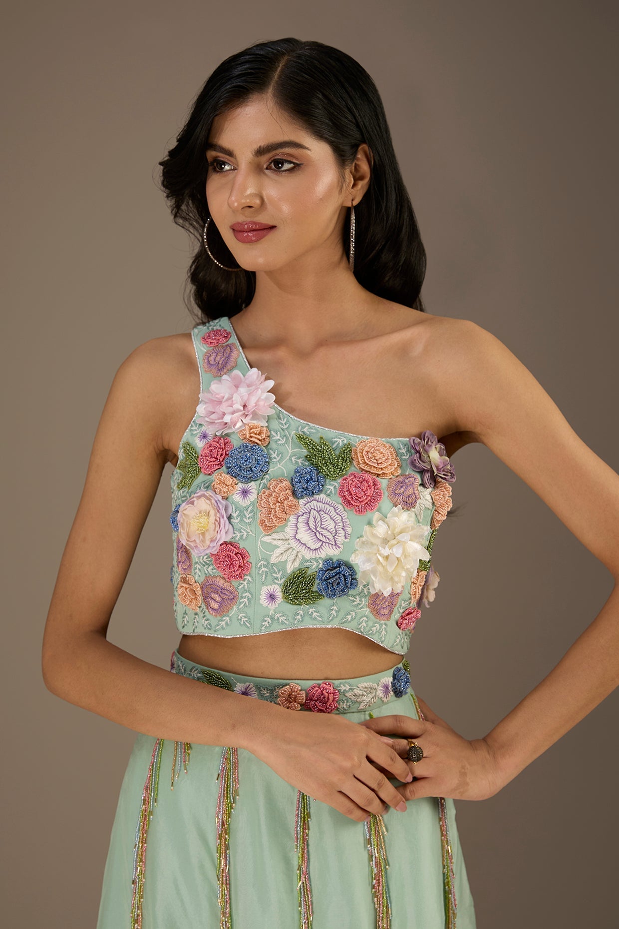 Seafoam Embroidred One Shoulder Choli With Embroidred Belt Lehenga With Dupatta