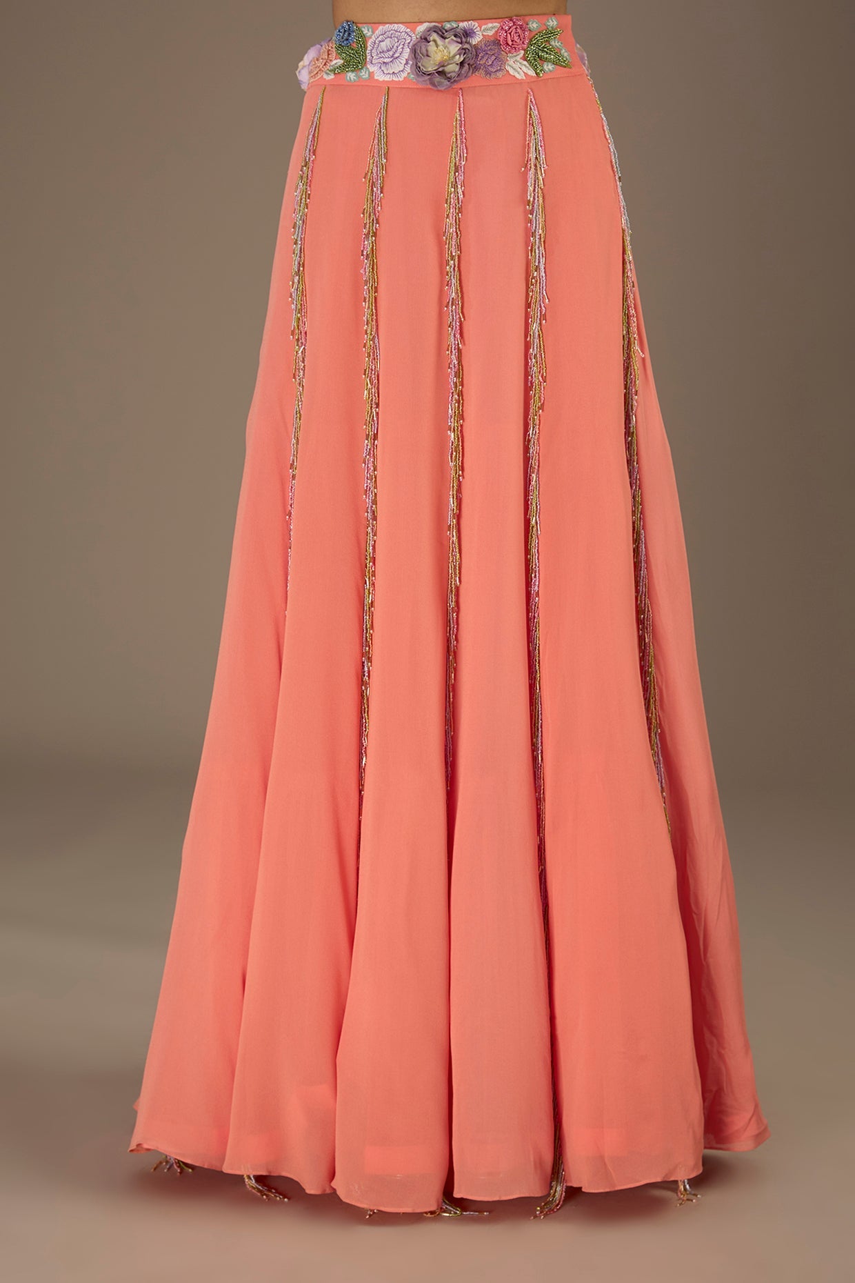 Coral Embroidered Back Tie-Up Choli With Lehenga And Dupatta