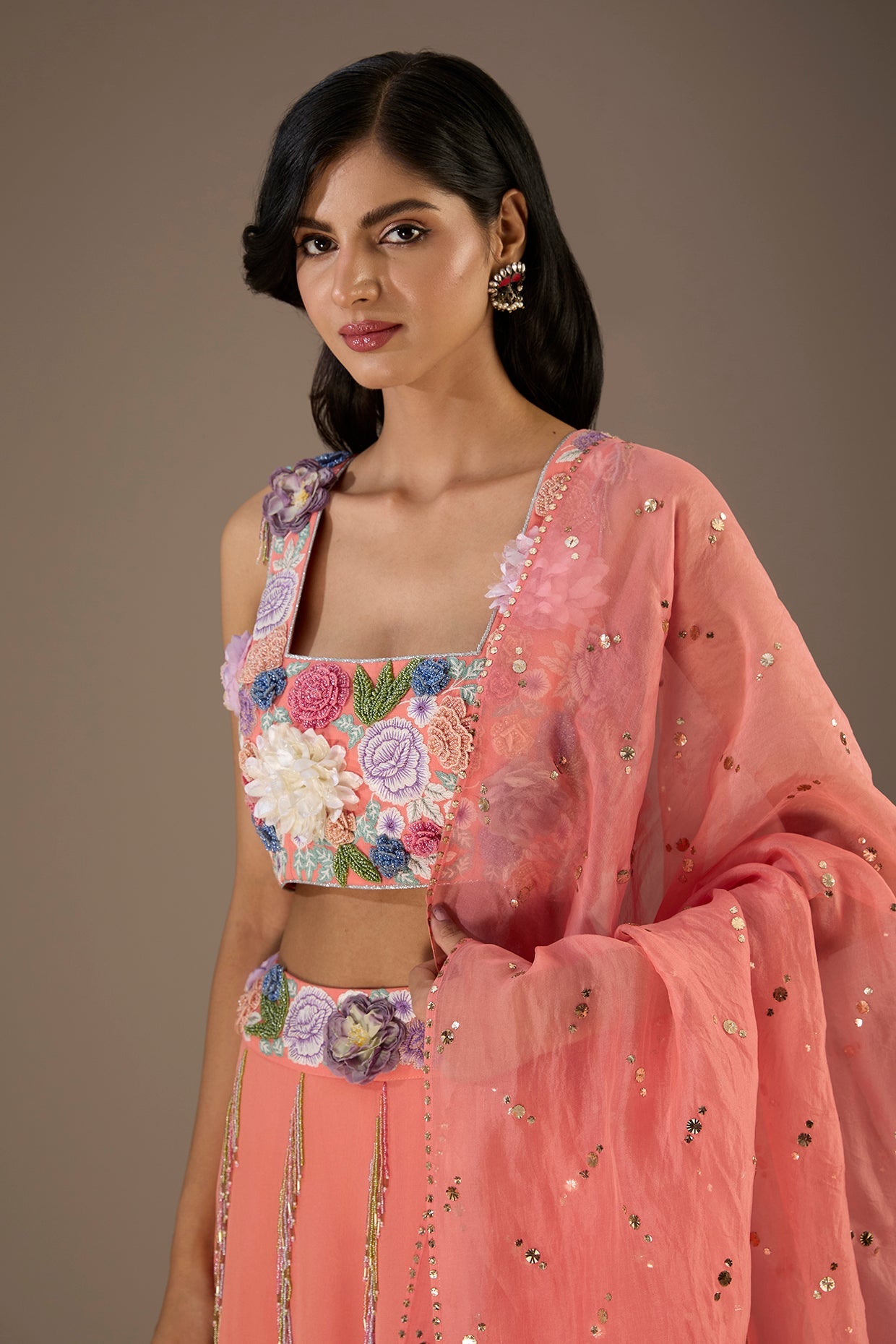 Coral Embroidered Back Tie-Up Choli With Lehenga And Dupatta