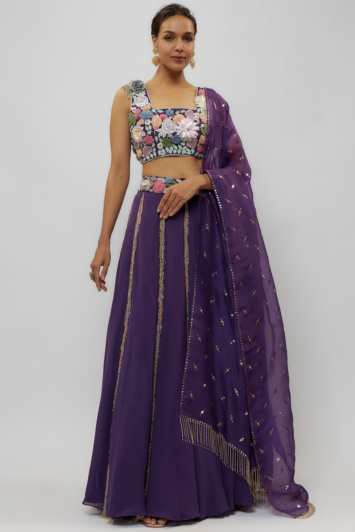 Purple Embroidered Choli With Lehenga And Dupatta