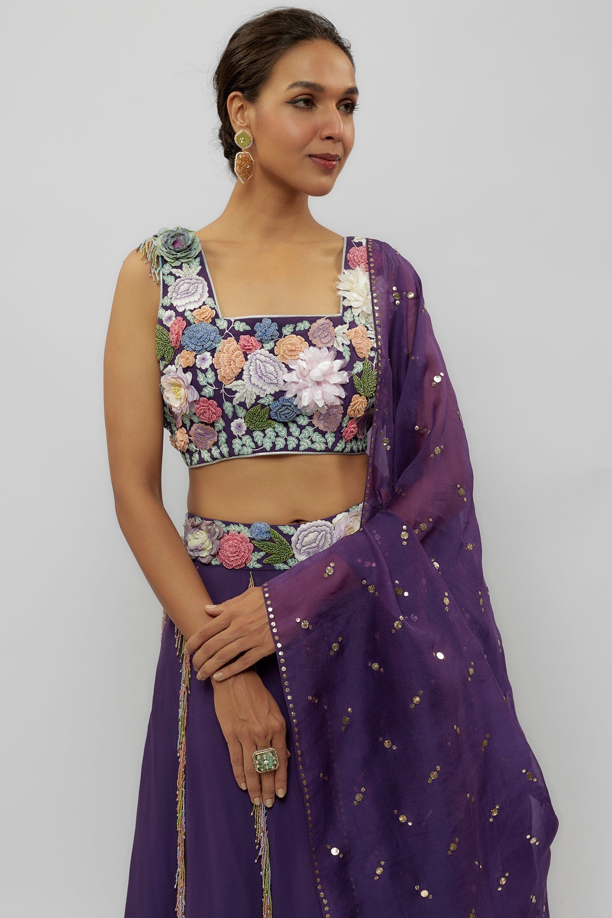 Purple Embroidered Choli With Lehenga And Dupatta