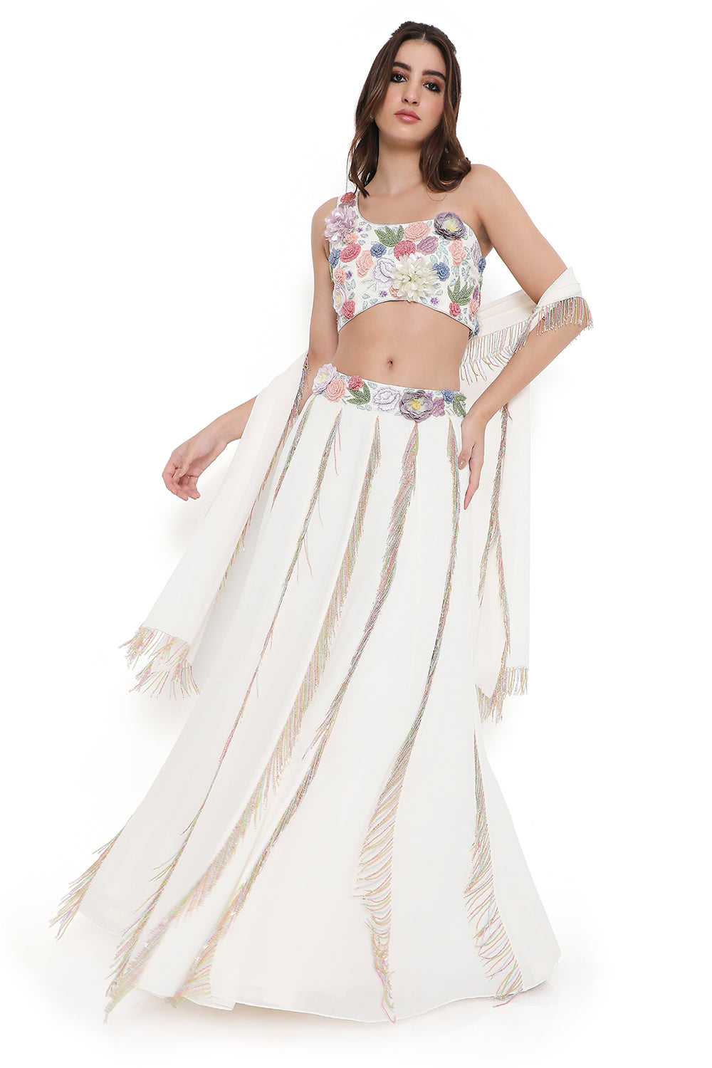 Off White Embroidered Choli And Lehenga With Dupatta