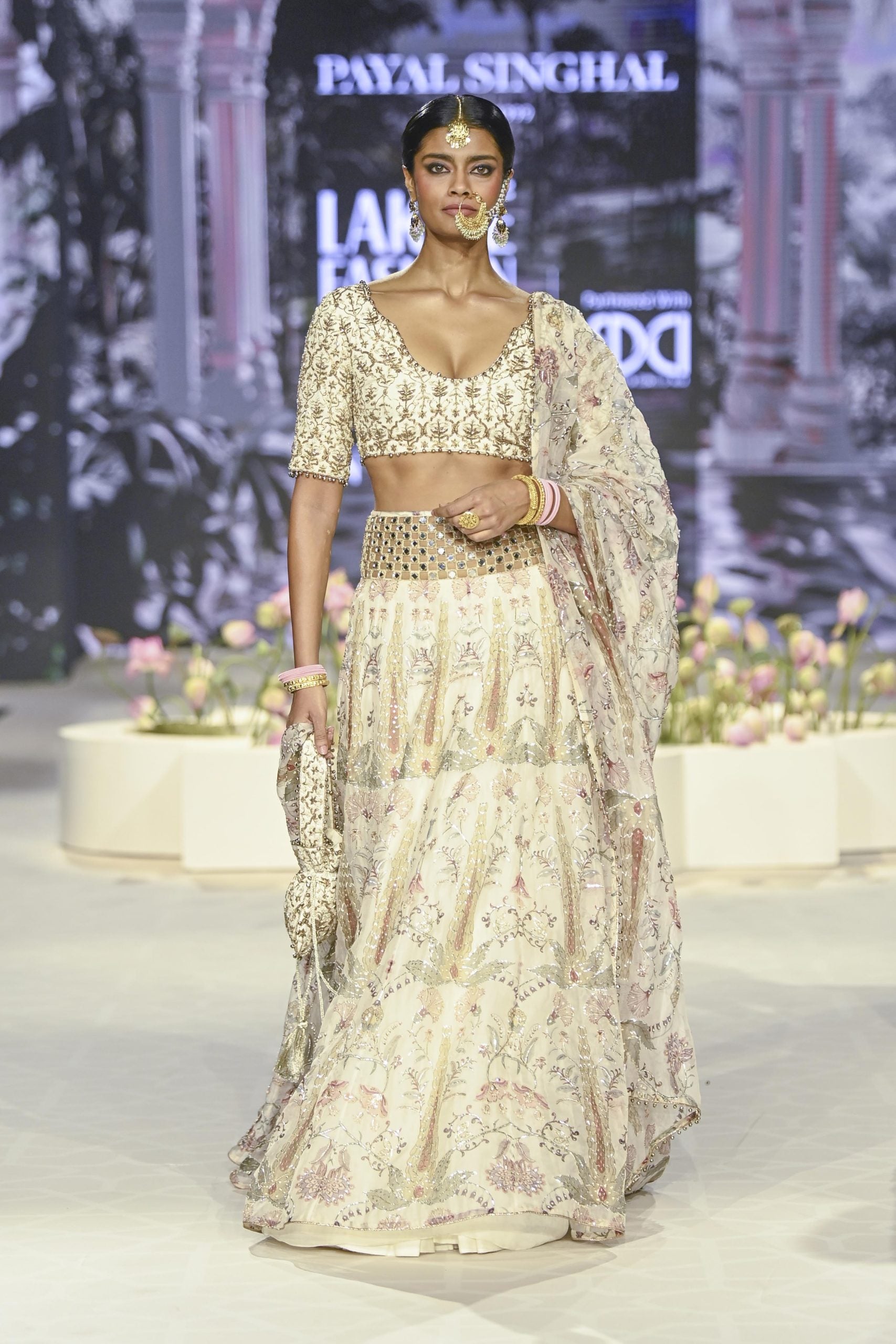 Sultana Cream Embroidered Choli With Cream Printed Lehenga And  Embroidered Dupatta