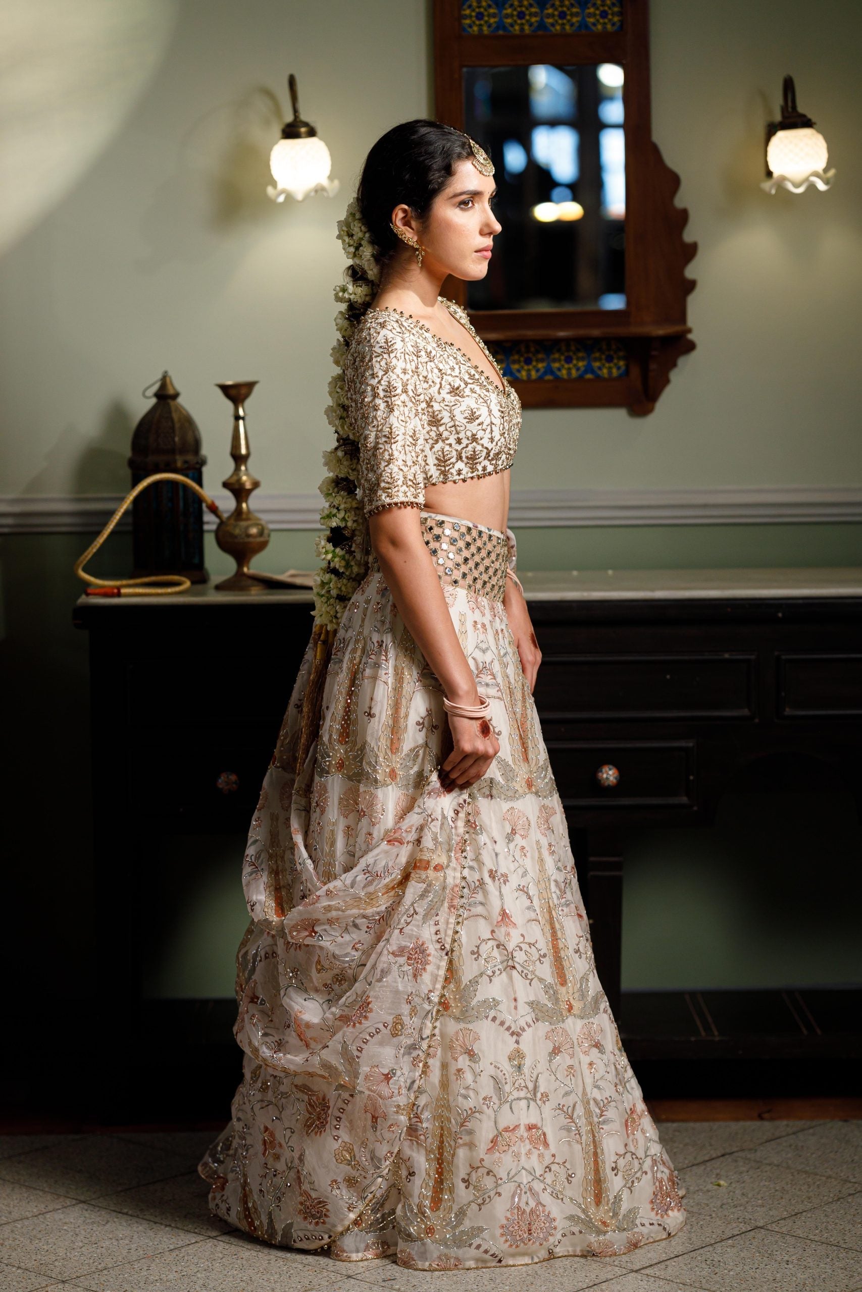 Sultana Cream Embroidered Choli With Cream Printed Lehenga And  Embroidered Dupatta