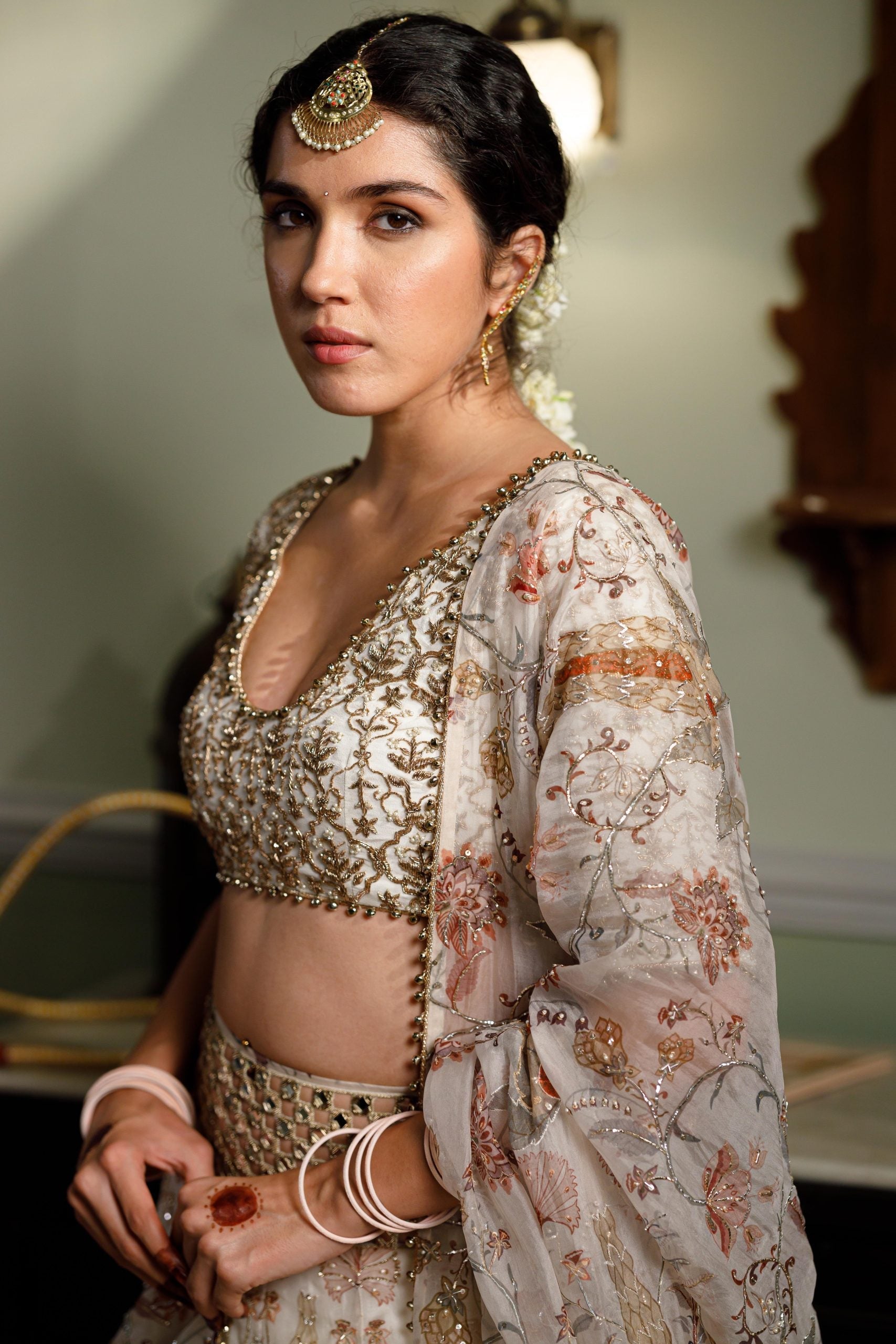 Sultana Cream Embroidered Choli With Cream Printed Lehenga And  Embroidered Dupatta