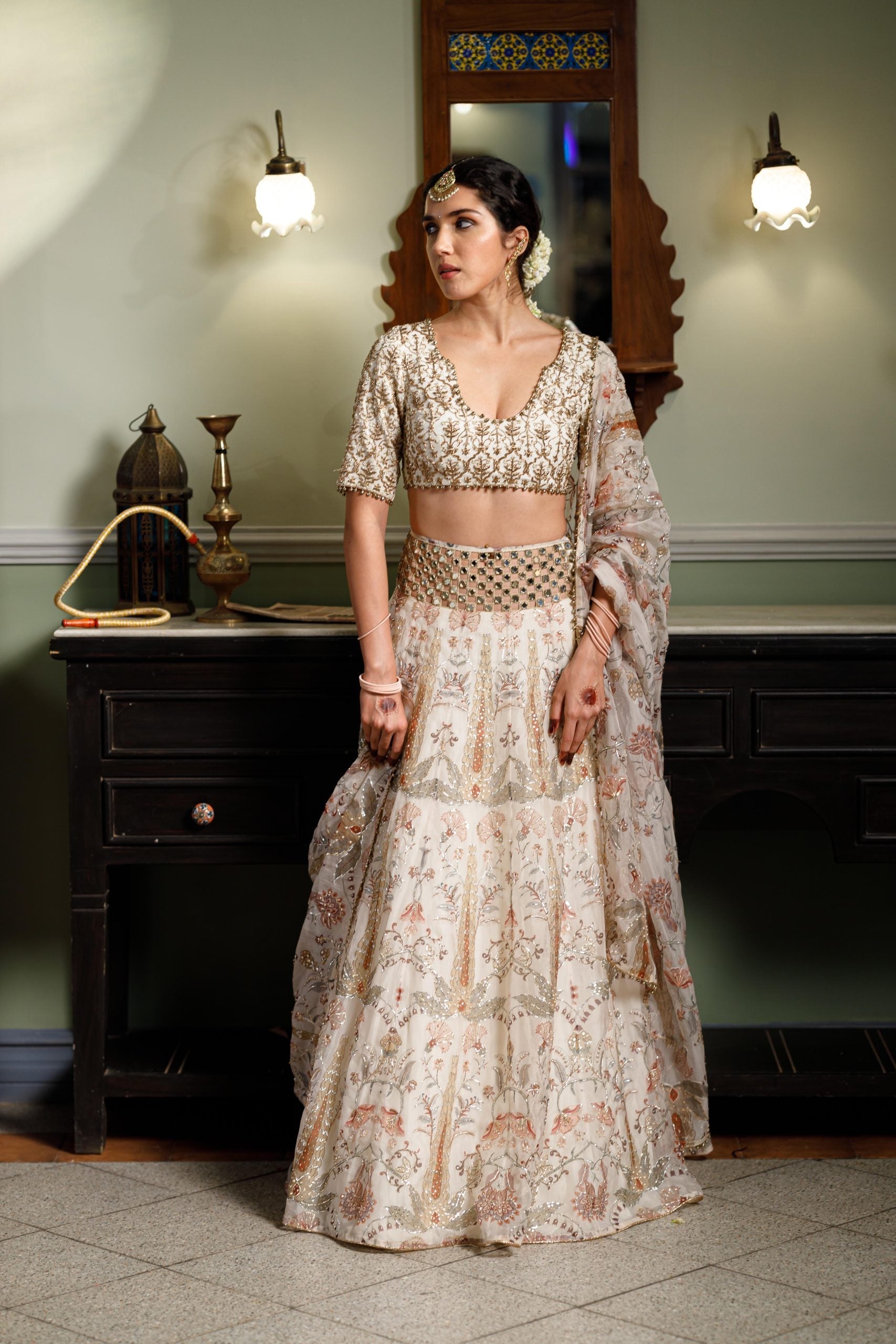 Sultana Cream Embroidered Choli With Cream Printed Lehenga And  Embroidered Dupatta