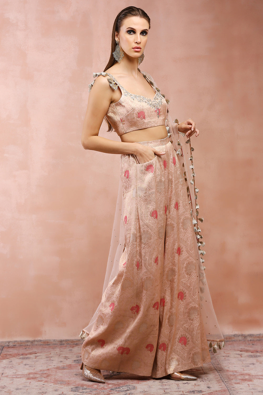 Rose Pink Embroidered Choli And Palazzo With Dupatta