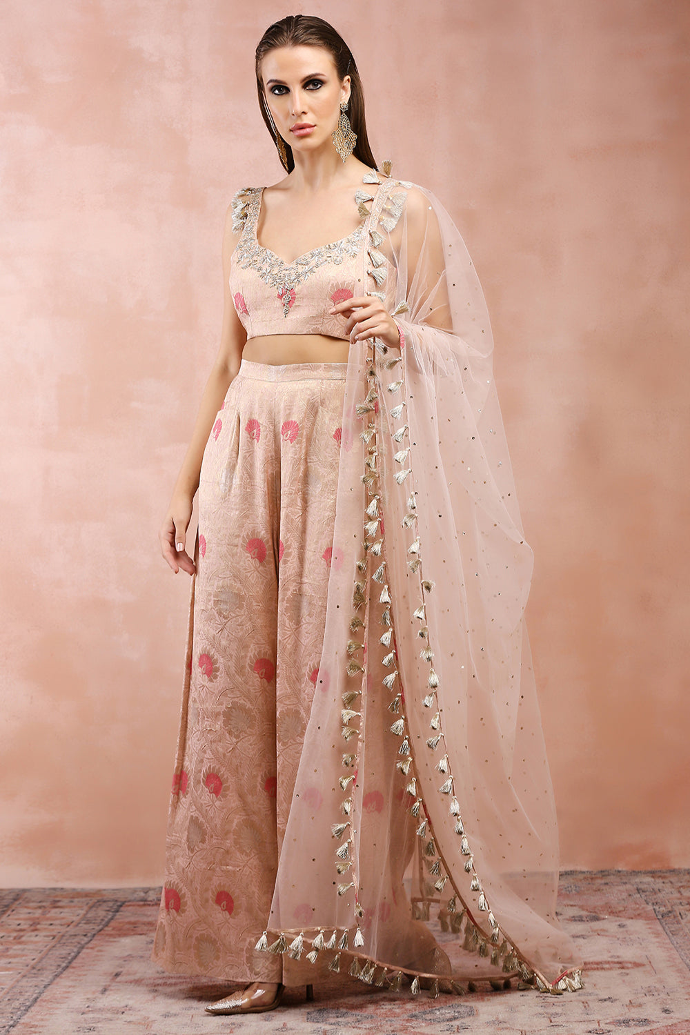 Rose Pink Embroidered Choli And Palazzo With Dupatta