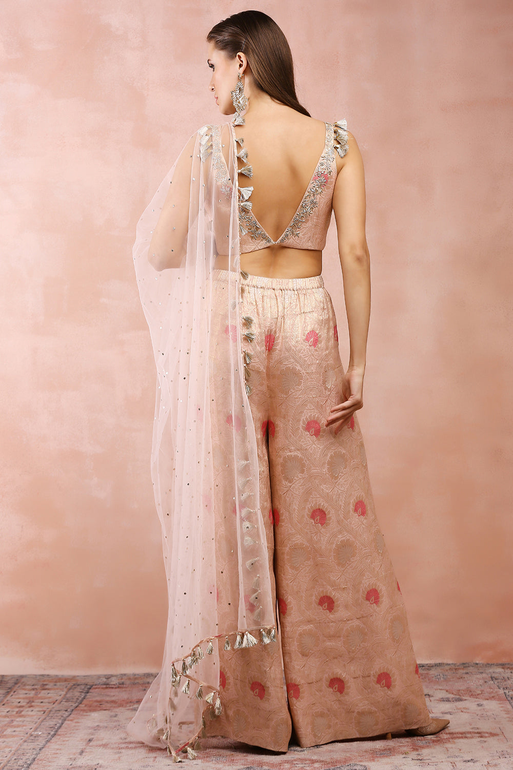 Rose Pink Embroidered Choli And Palazzo With Dupatta