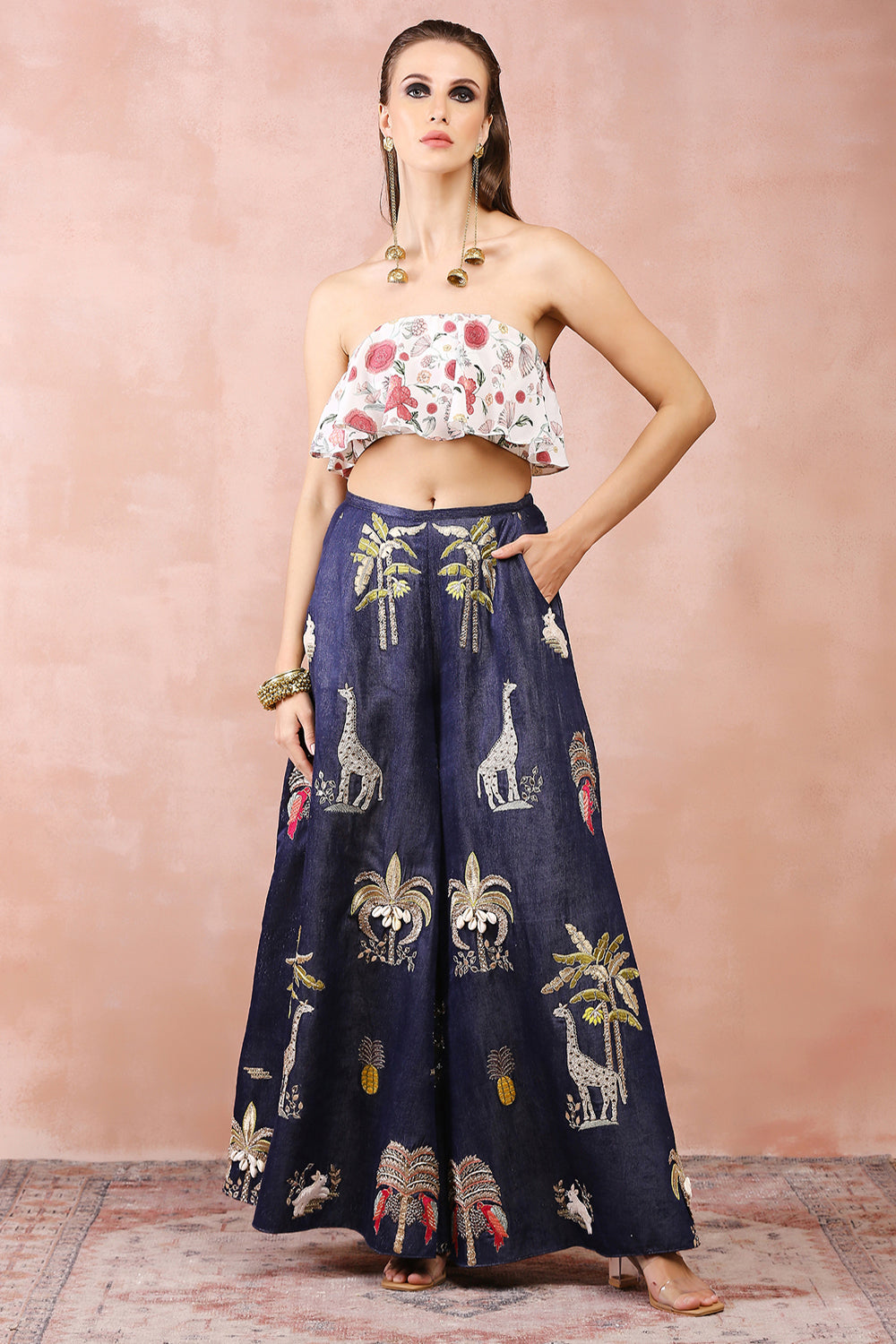 Off White Ruffle Bustier With Denim Embroidered Wide Leg Pants