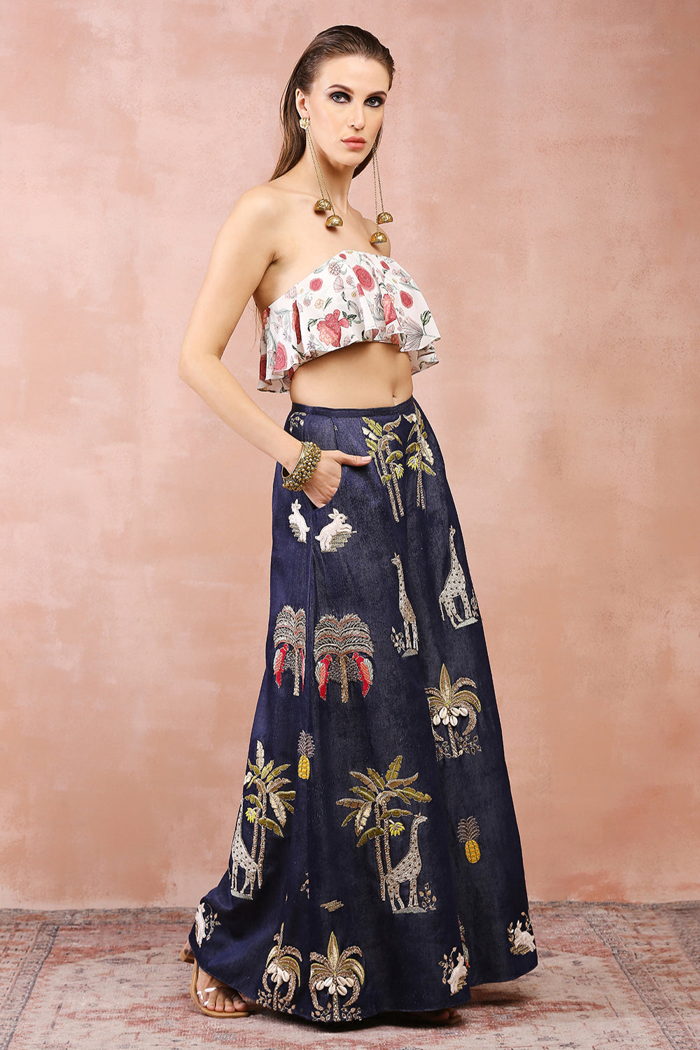 Off White Ruffle Bustier With Denim Embroidered Wide Leg Pants