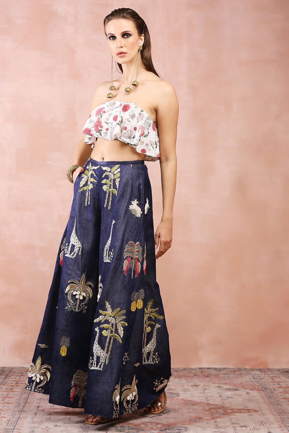 Off White Ruffle Bustier With Denim Embroidered Wide Leg Pants