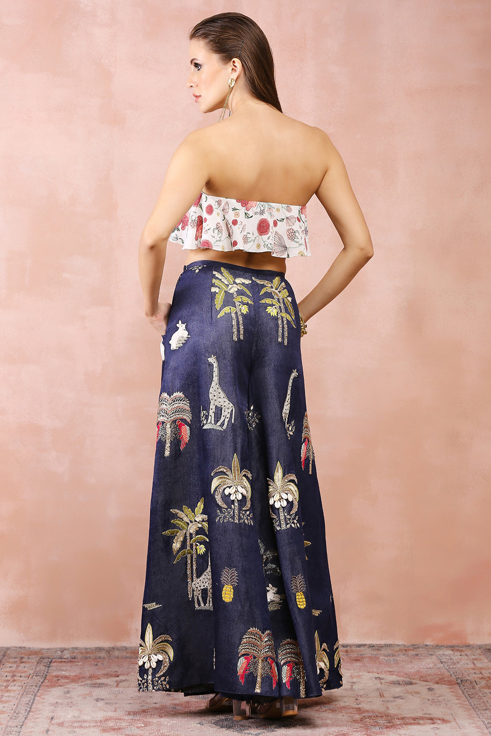 Off White Ruffle Bustier With Denim Embroidered Wide Leg Pants