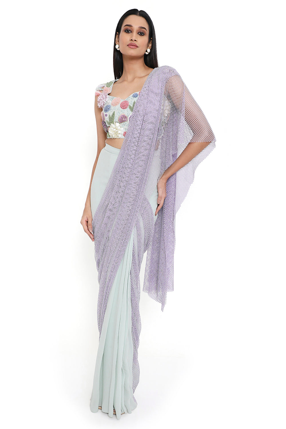 Sea Foam Embroidered Choli And Saree With Purple Mesh Pallu