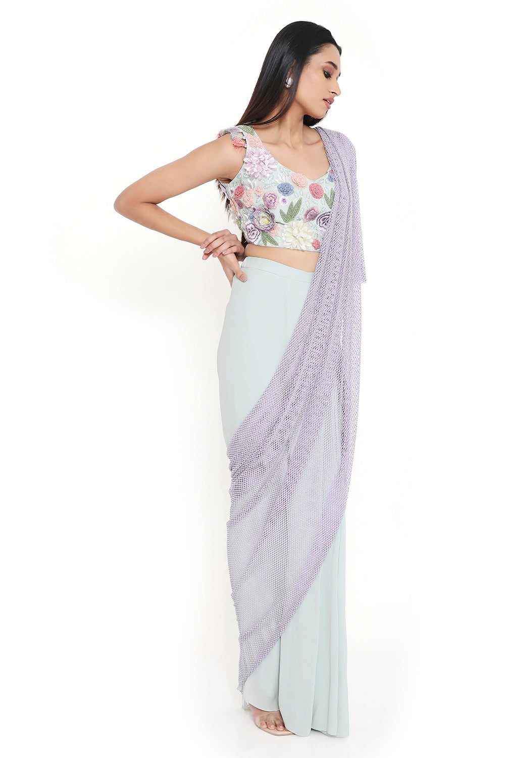 Sea Foam Embroidered Choli And Saree With Purple Mesh Pallu