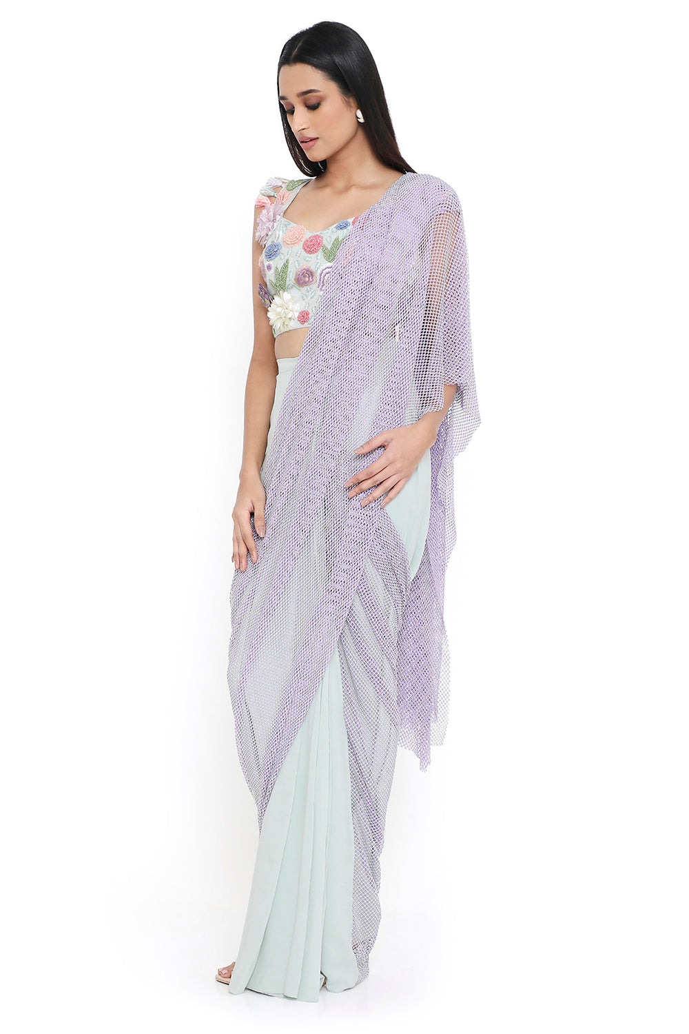 Sea Foam Embroidered Choli And Saree With Purple Mesh Pallu