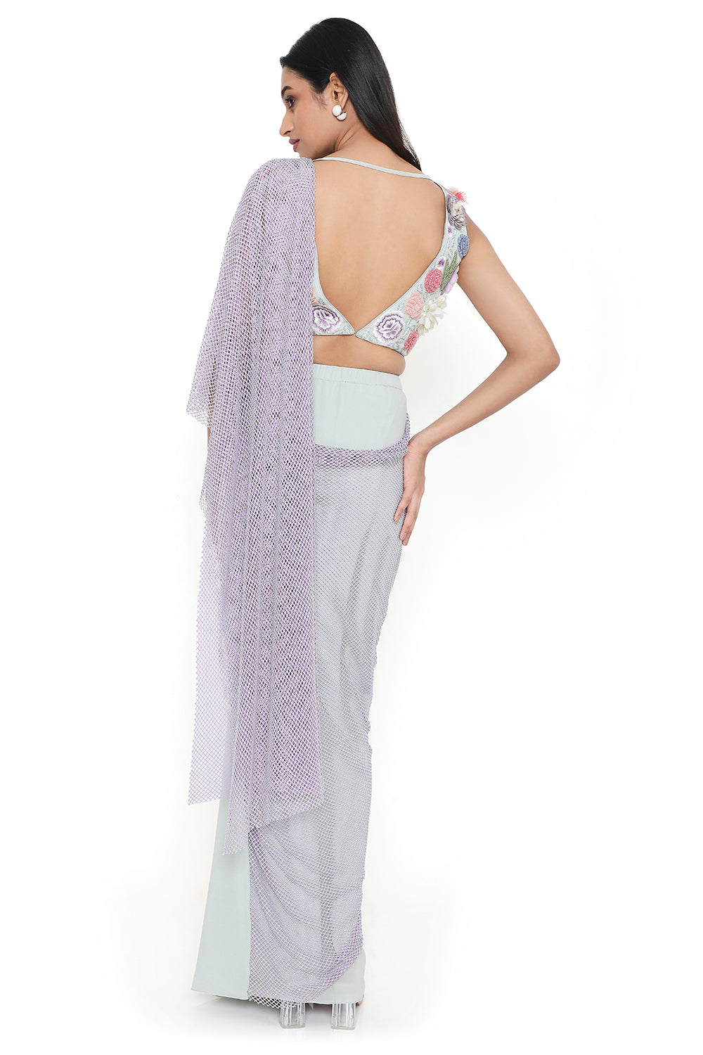 Sea Foam Embroidered Choli And Saree With Purple Mesh Pallu