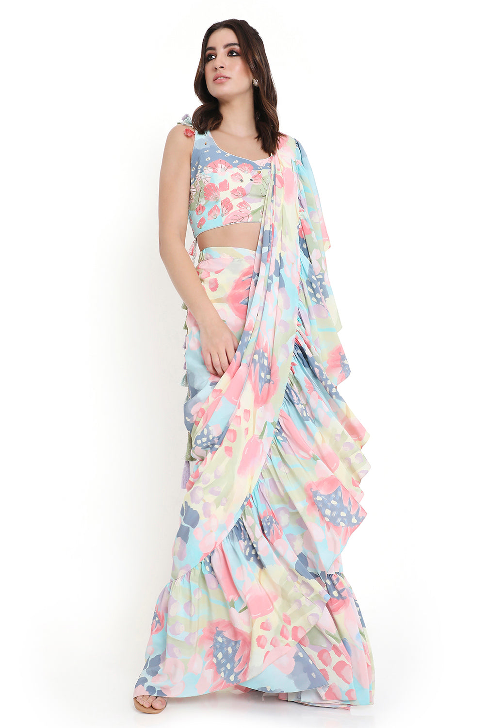 Euphoria Print Embroidered Choli With Ruffle Saree