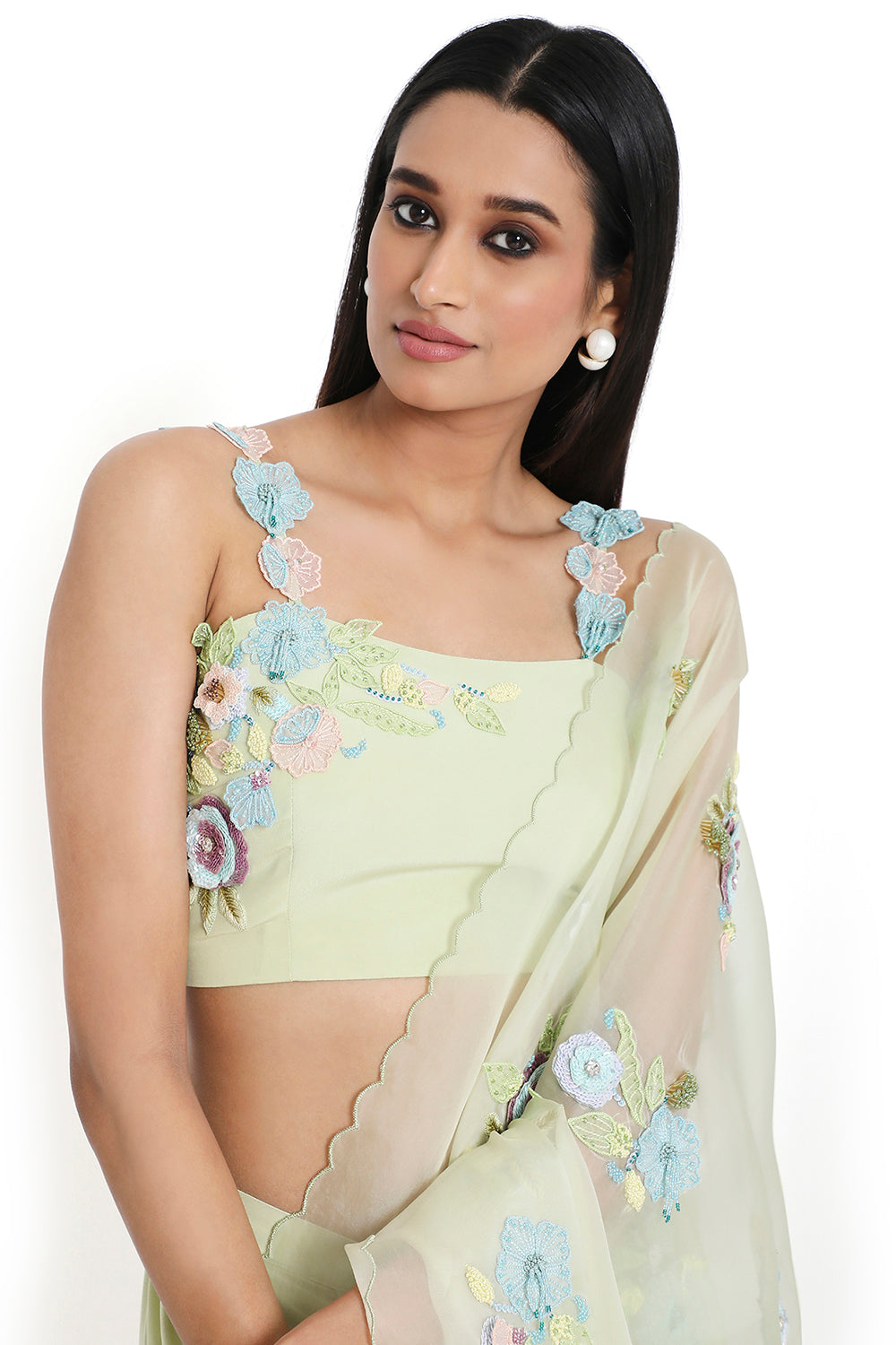 Mint Embroidered Choli And Pre-Stitched Saree With Detachable Embroidered Pallu