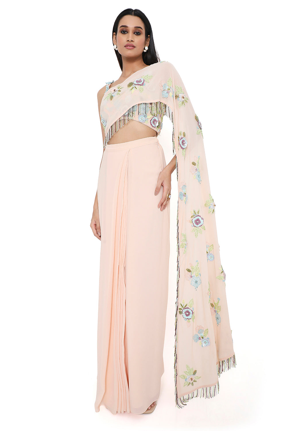 Peach Embroidered Choli With Attached Embroidered Pallu And Pre-Stitched Skirt