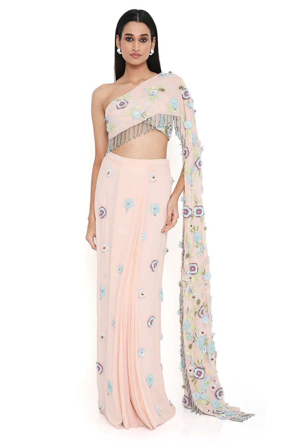 Blush Pink Embroidered Choli With Attached Pallu And Embroidered Pre-Stitched Skirt