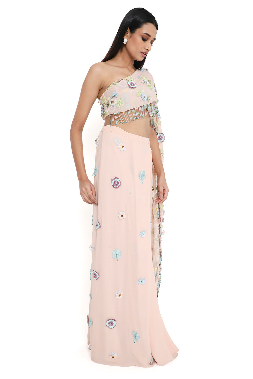 Blush Pink Embroidered Choli With Attached Pallu And Embroidered Pre-Stitched Skirt