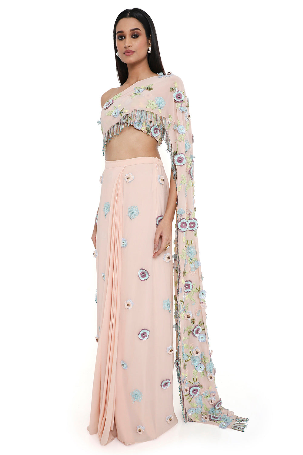 Blush Pink Embroidered Choli With Attached Pallu And Embroidered Pre-Stitched Skirt