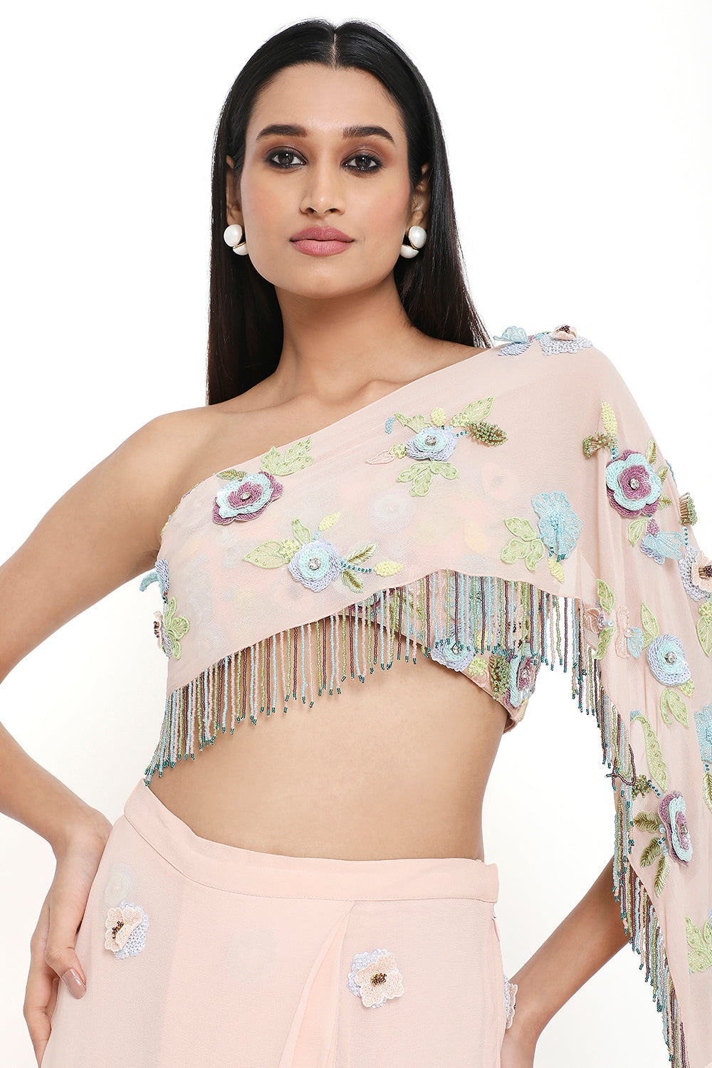 Blush Pink Embroidered Choli With Attached Pallu And Embroidered Pre-Stitched Skirt