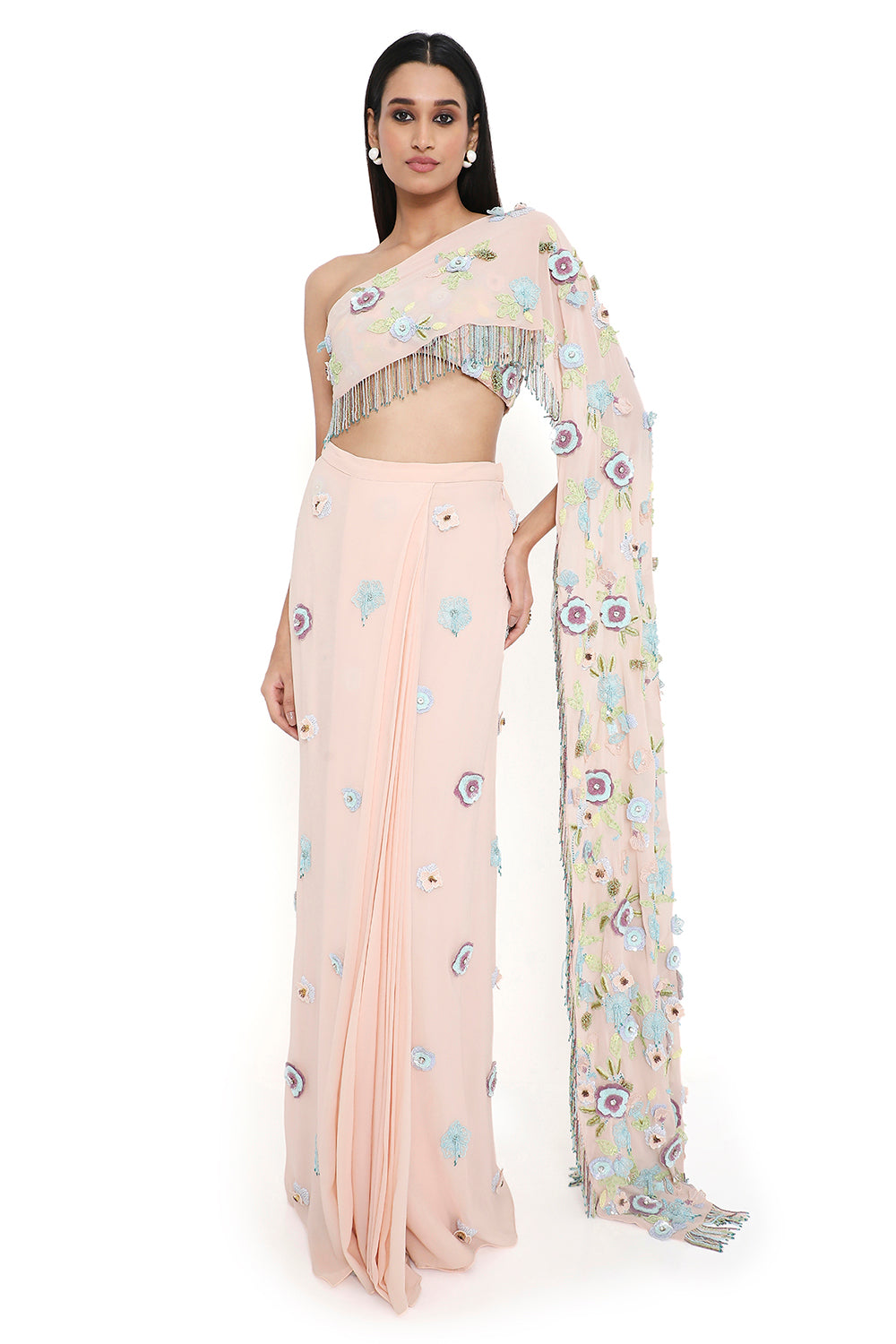 Blush Pink Embroidered Choli With Attached Pallu And Embroidered Pre-Stitched Skirt