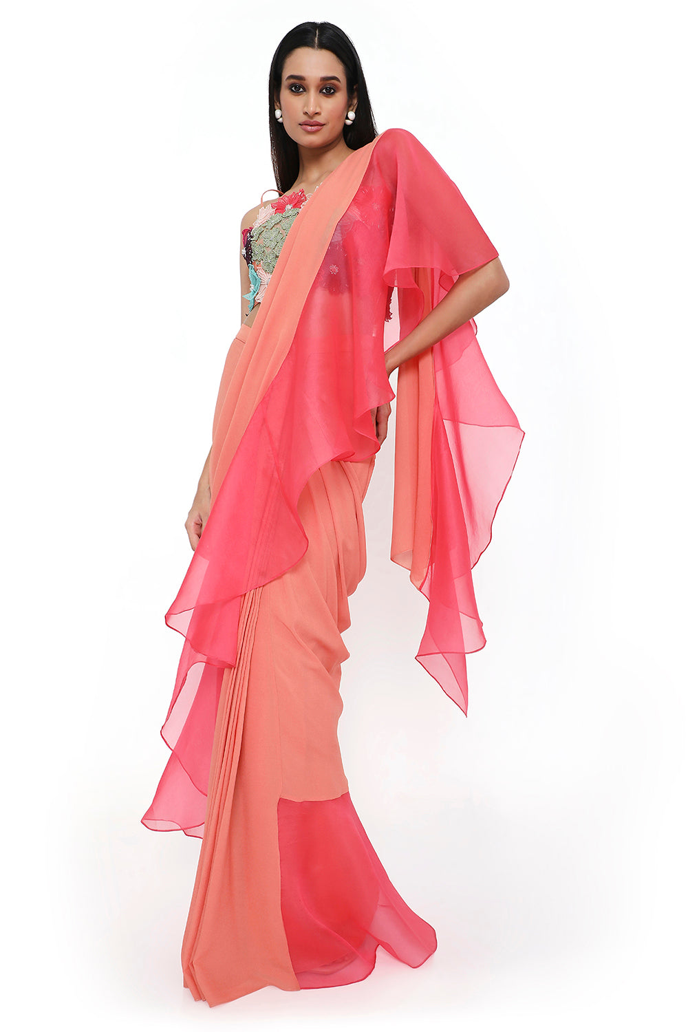 Peach Georgette 3D Floral Embroidered Choli And Saree With Coral Ruffle Pallu