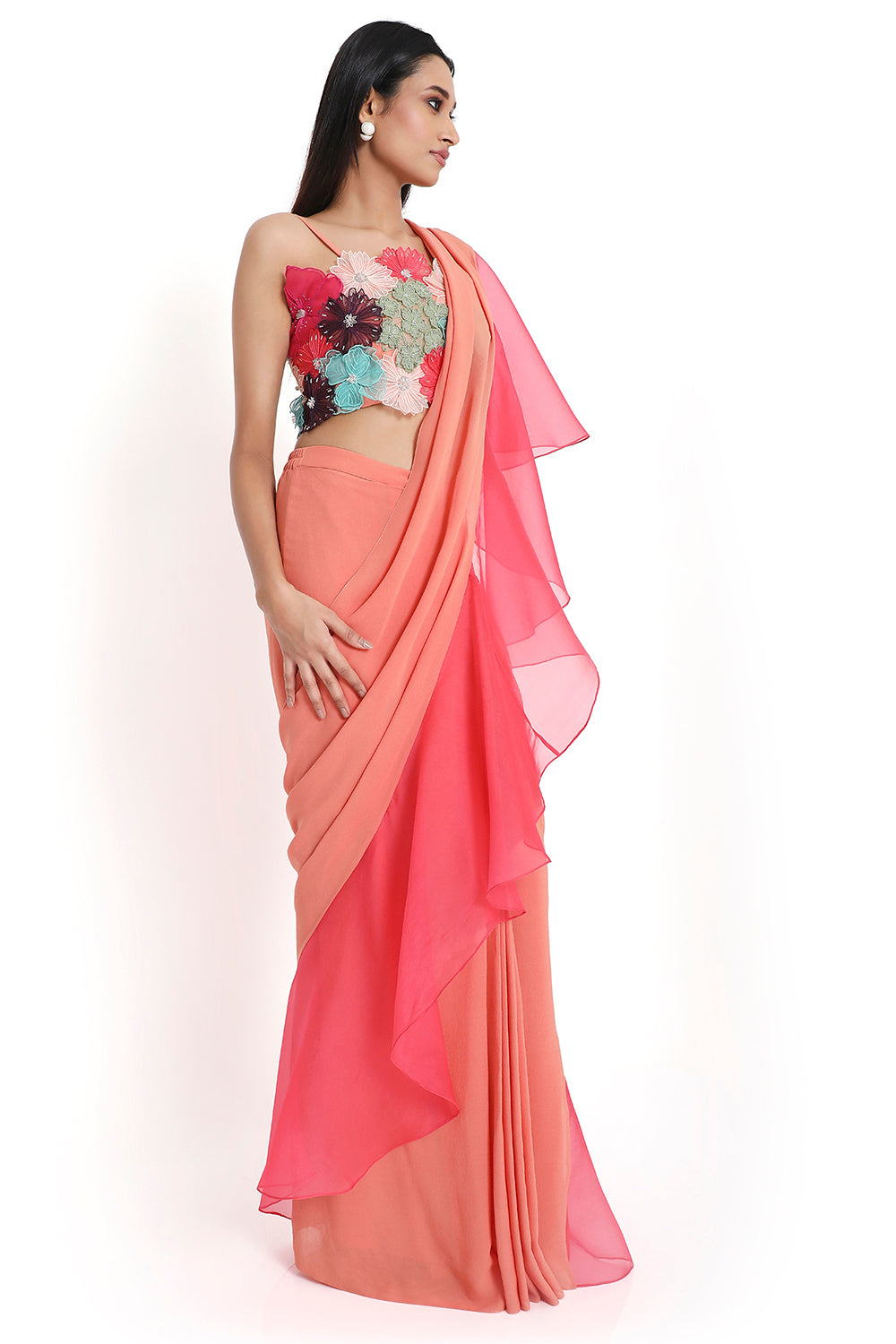 Peach Georgette 3D Floral Embroidered Choli And Saree With Coral Ruffle Pallu