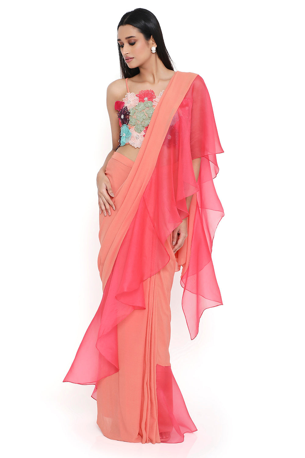 Peach Georgette 3D Floral Embroidered Choli And Saree With Coral Ruffle Pallu