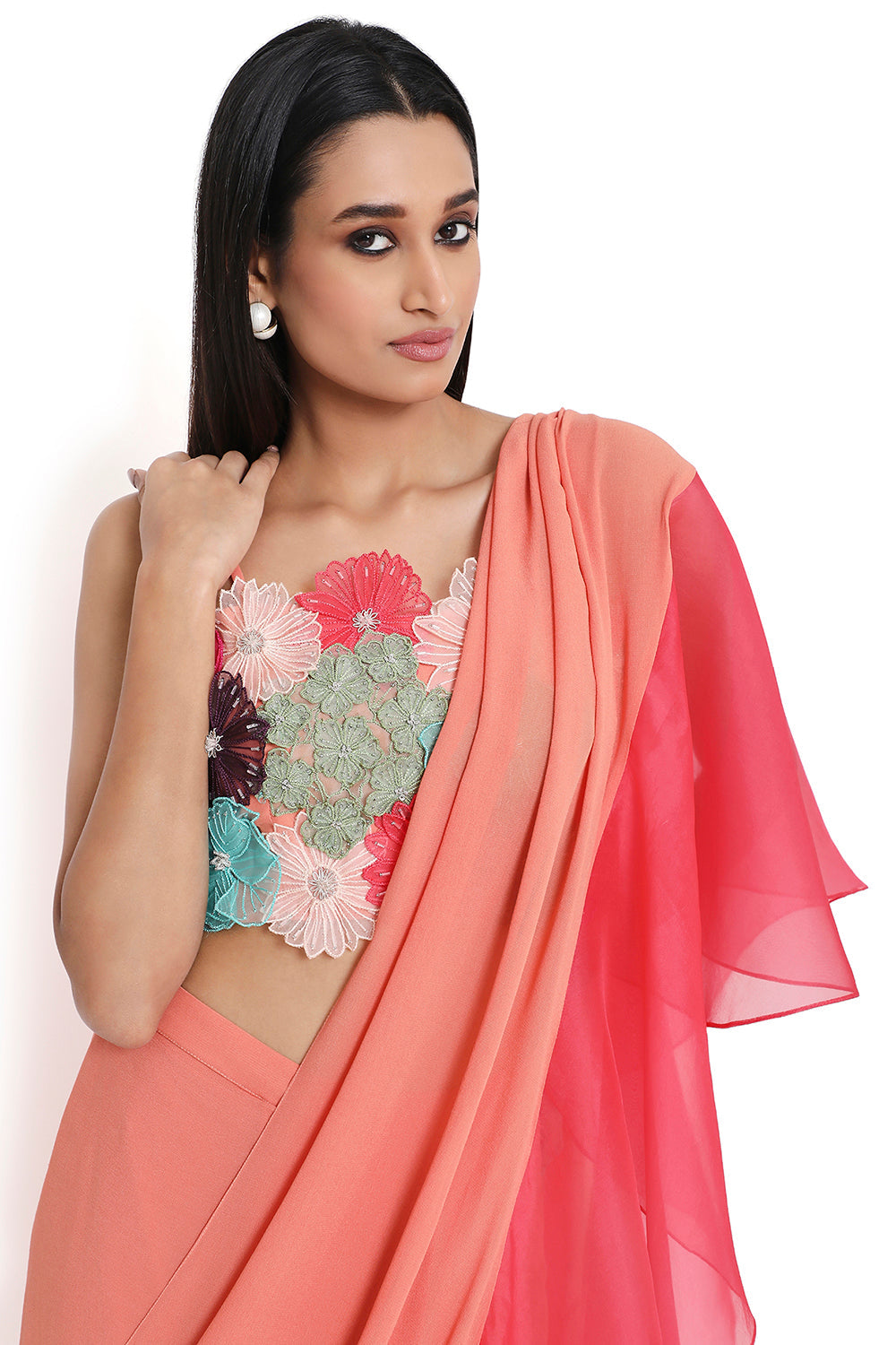 Peach Georgette 3D Floral Embroidered Choli And Saree With Coral Ruffle Pallu