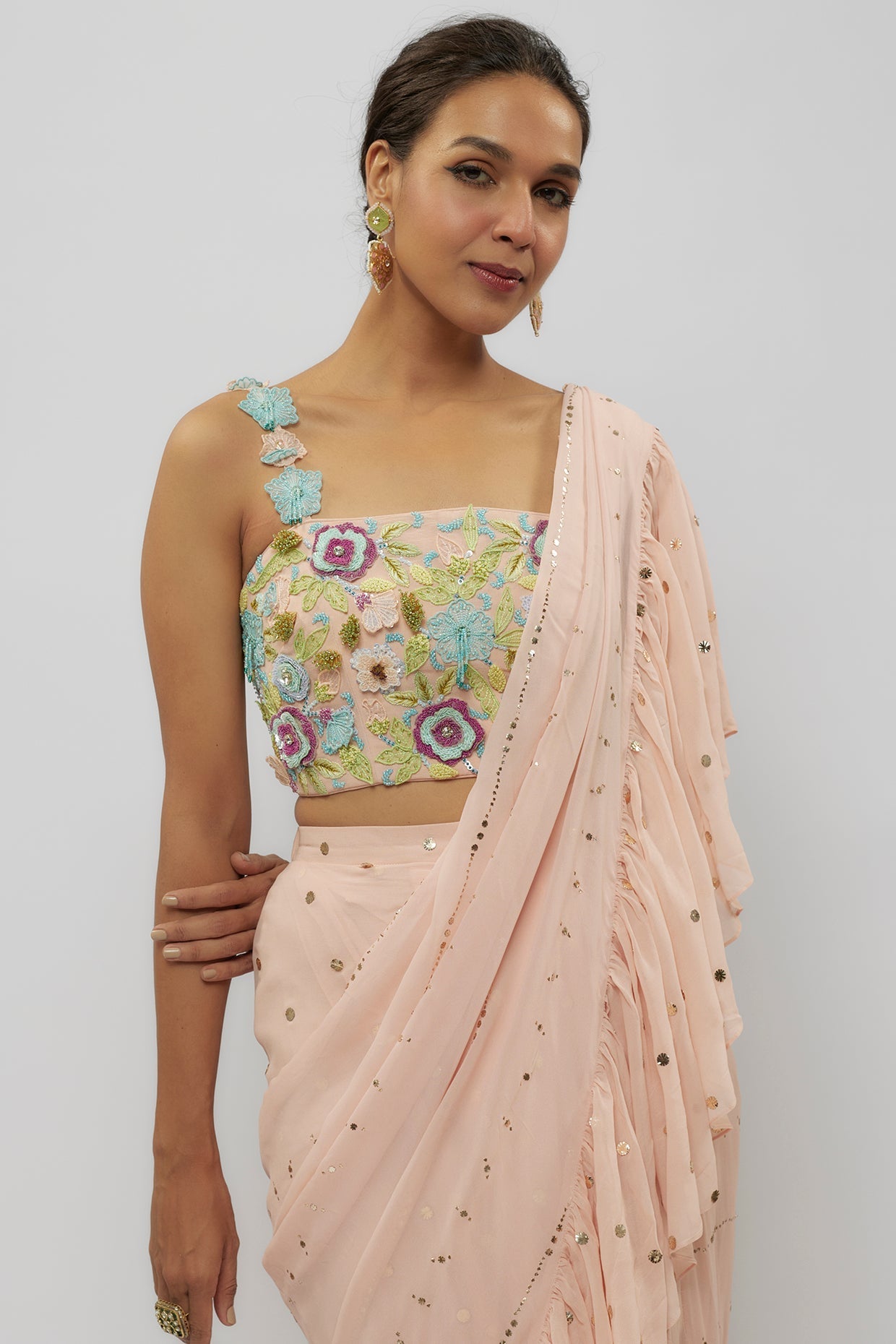 Blush Pink Embroidered Choli With Pre-Stitched Ruffle Saree