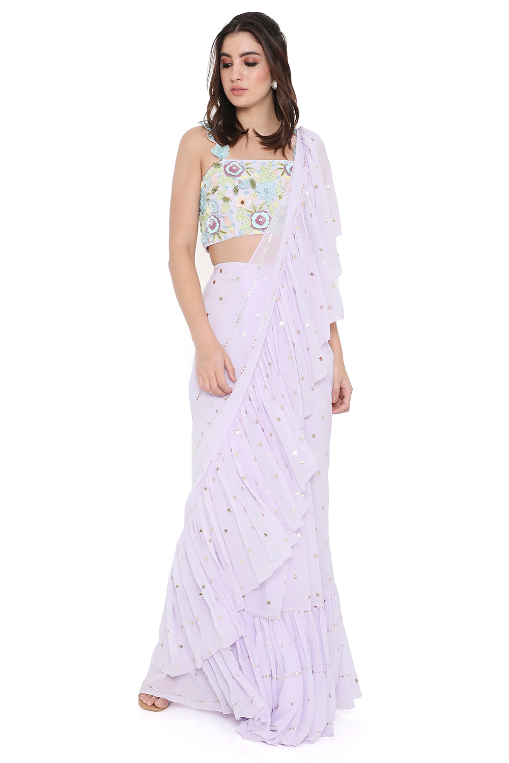 Lavender Embroidered Choli With Pre-Stitched Ruffle Saree