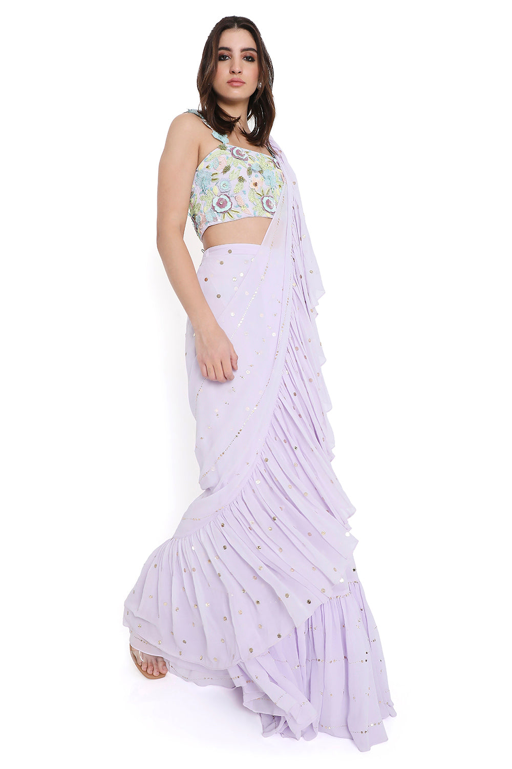 Lavender Embroidered Choli With Pre-Stitched Ruffle Saree